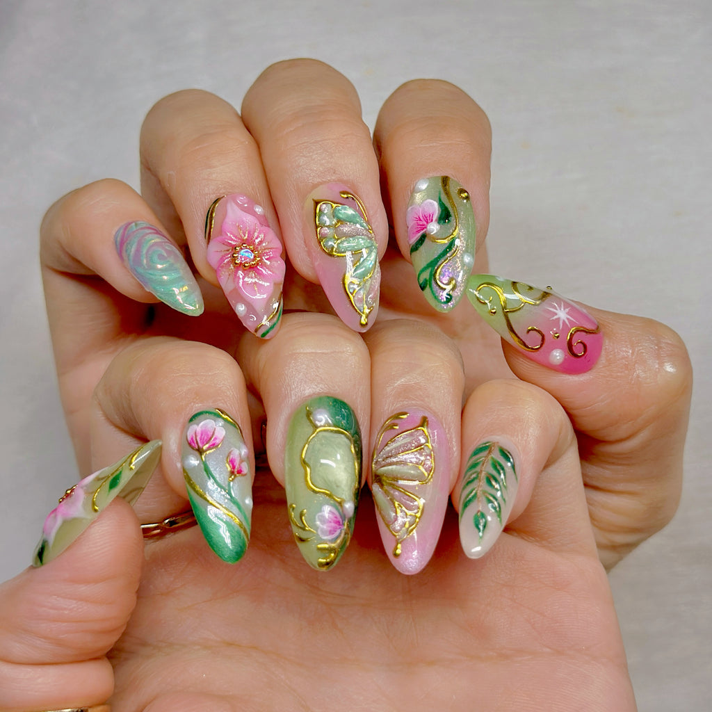 Enchanted Bloom Press-On Nails – Medium Almond Green & Pink Set, 3D Floral & Gold Line Art Design, Elegant Garden-Inspired Glossy Nails |  Reusable 20pcs Kit