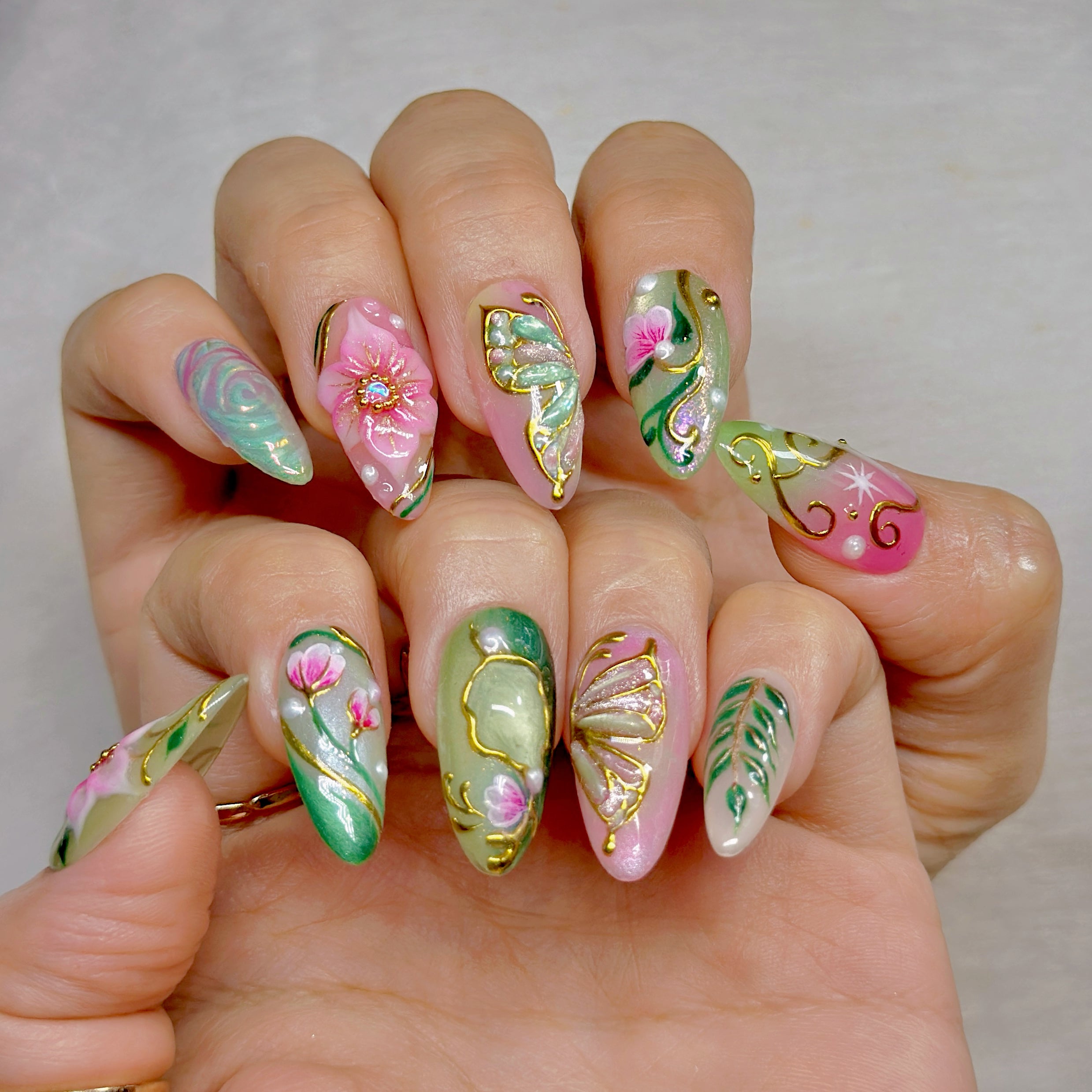 Enchanted Bloom Press-On Nails – Medium Almond Green & Pink Set, 3D Floral & Gold Line Art Design, Elegant Garden-Inspired Glossy Nails |  Reusable 20pcs Kit