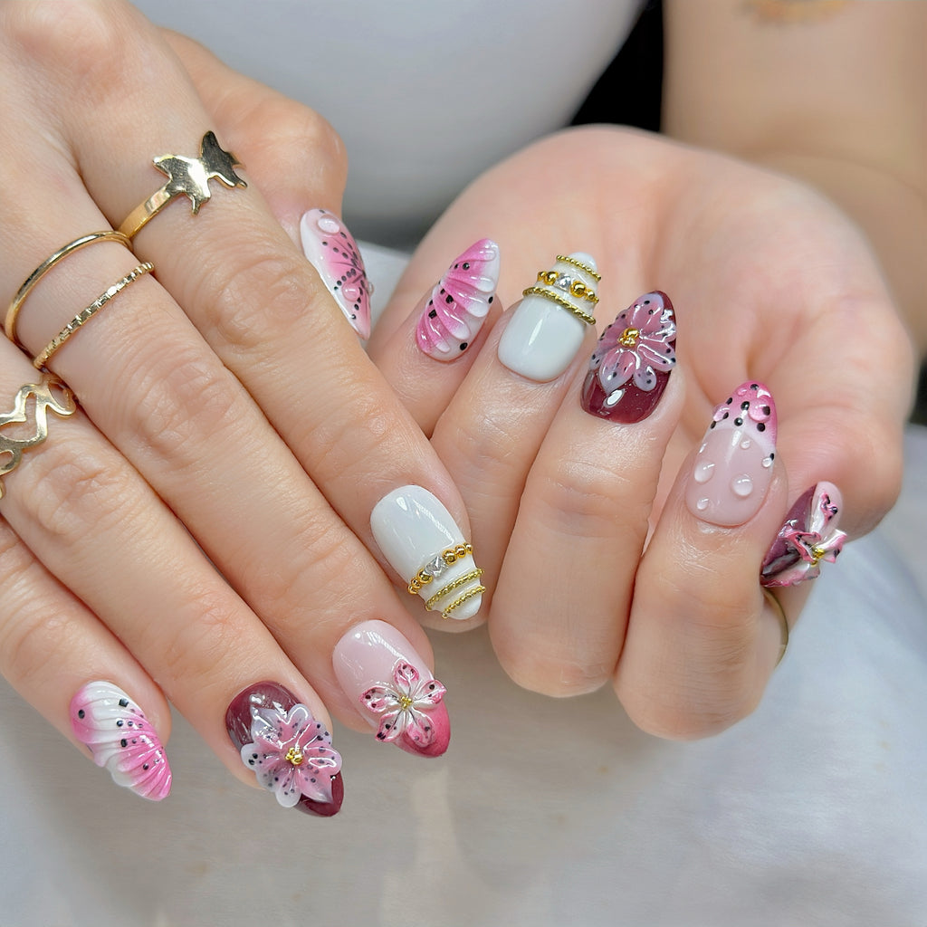 Dripping Flora Press-On Nails – Short Almond Pink & Red Set, 3D Flower Gel Design, Glossy Dew Drop Nails |  Reusable 20pcs Kit