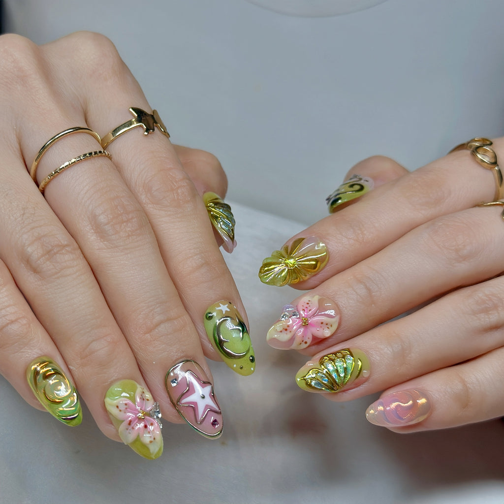 Fairy Glow Pop – Short Almond Press-On Nails ✨🌸 | 3D Gel Art, Gold Chrome Details |  Reusable 20pcs Kit