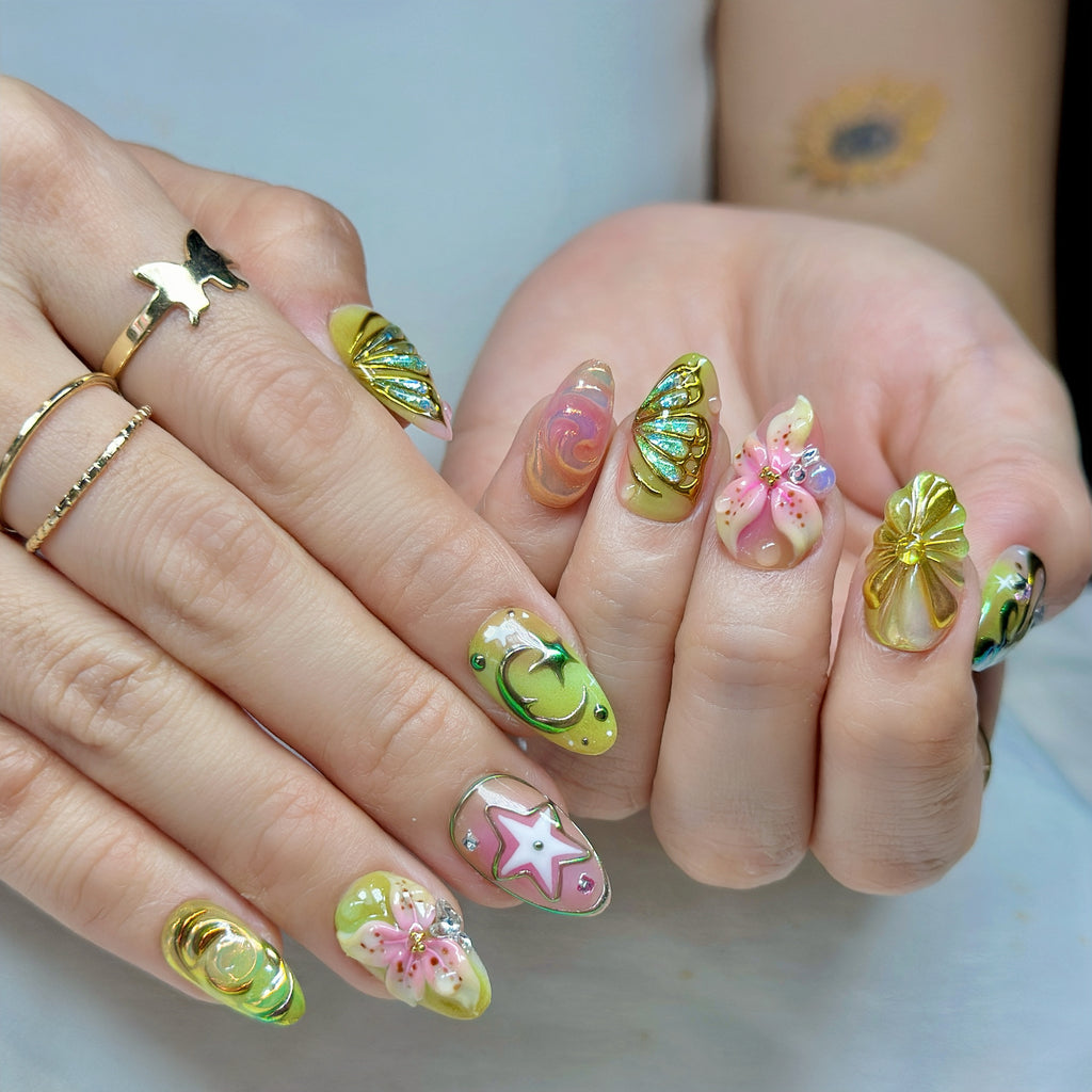 Fairy Glow Pop – Short Almond Press-On Nails ✨🌸 | 3D Gel Art, Gold Chrome Details |  Reusable 20pcs Kit
