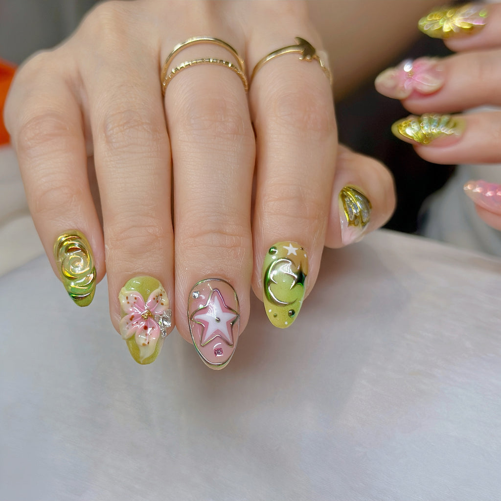 Fairy Glow Pop – Short Almond Press-On Nails ✨🌸 | 3D Gel Art, Gold Chrome Details |  Reusable 20pcs Kit