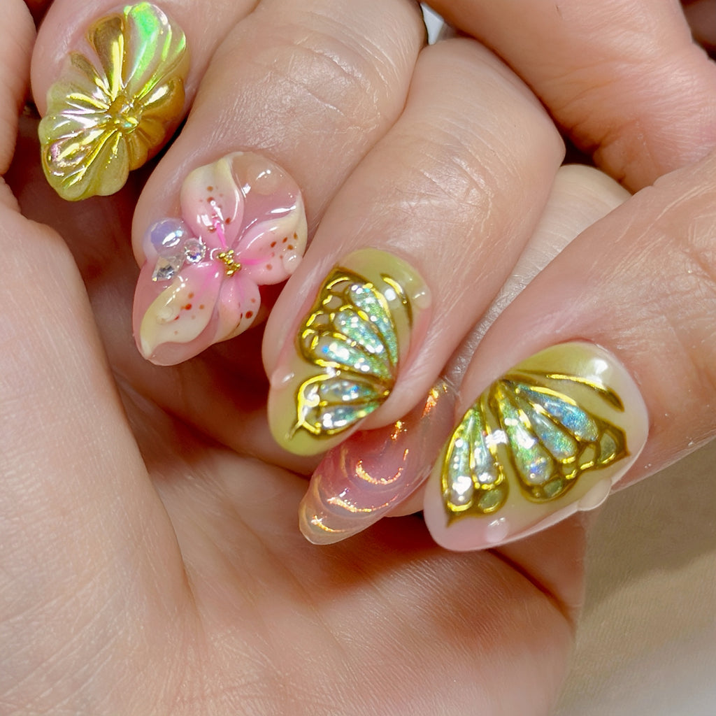 Fairy Glow Pop – Short Almond Press-On Nails ✨🌸 | 3D Gel Art, Gold Chrome Details |  Reusable 20pcs Kit