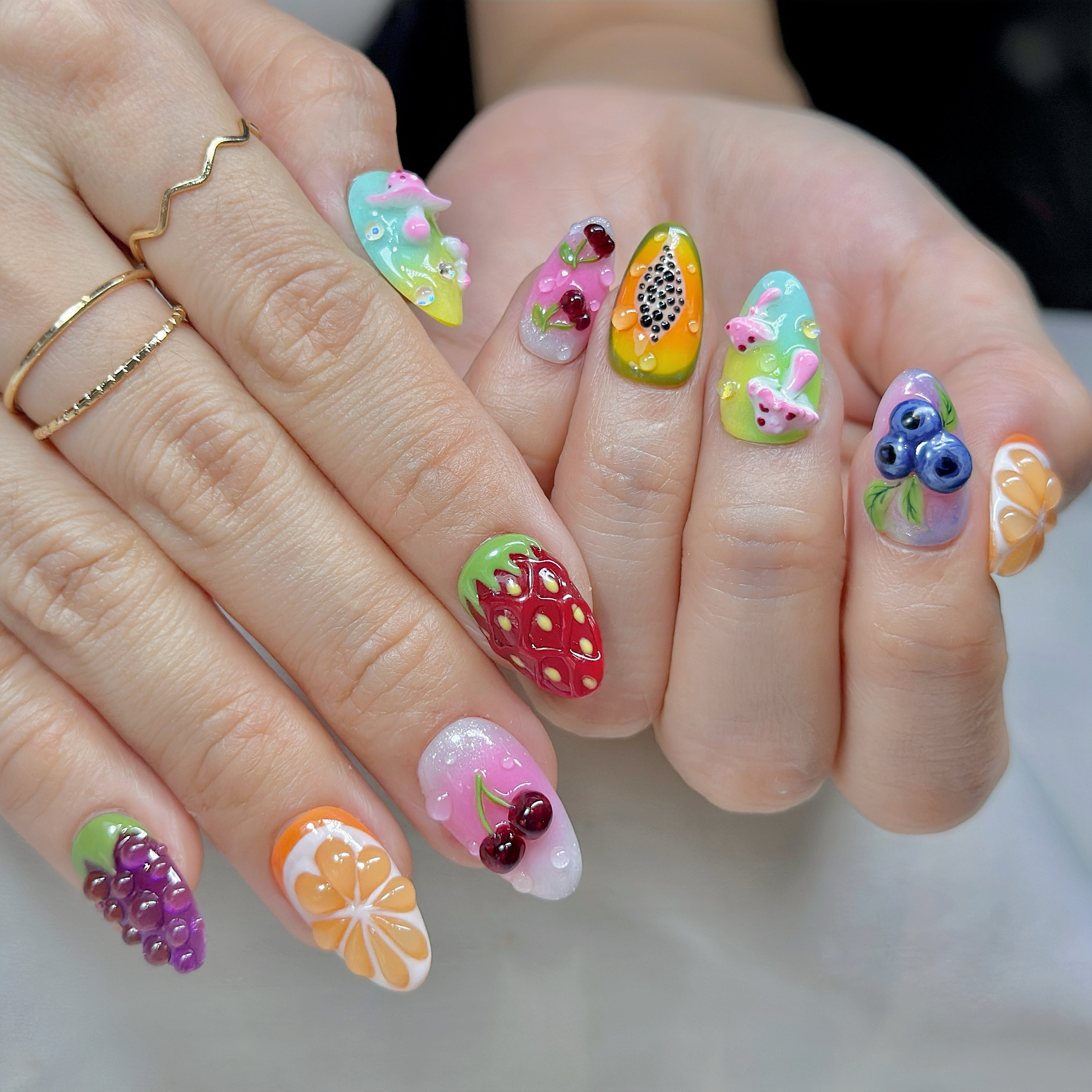 Short Almond Press-On Nails – Jelly Fruit Paradise | Handmade 3D Fruit Gel Set 🍒✨ |  Reusable 20pcs Kit