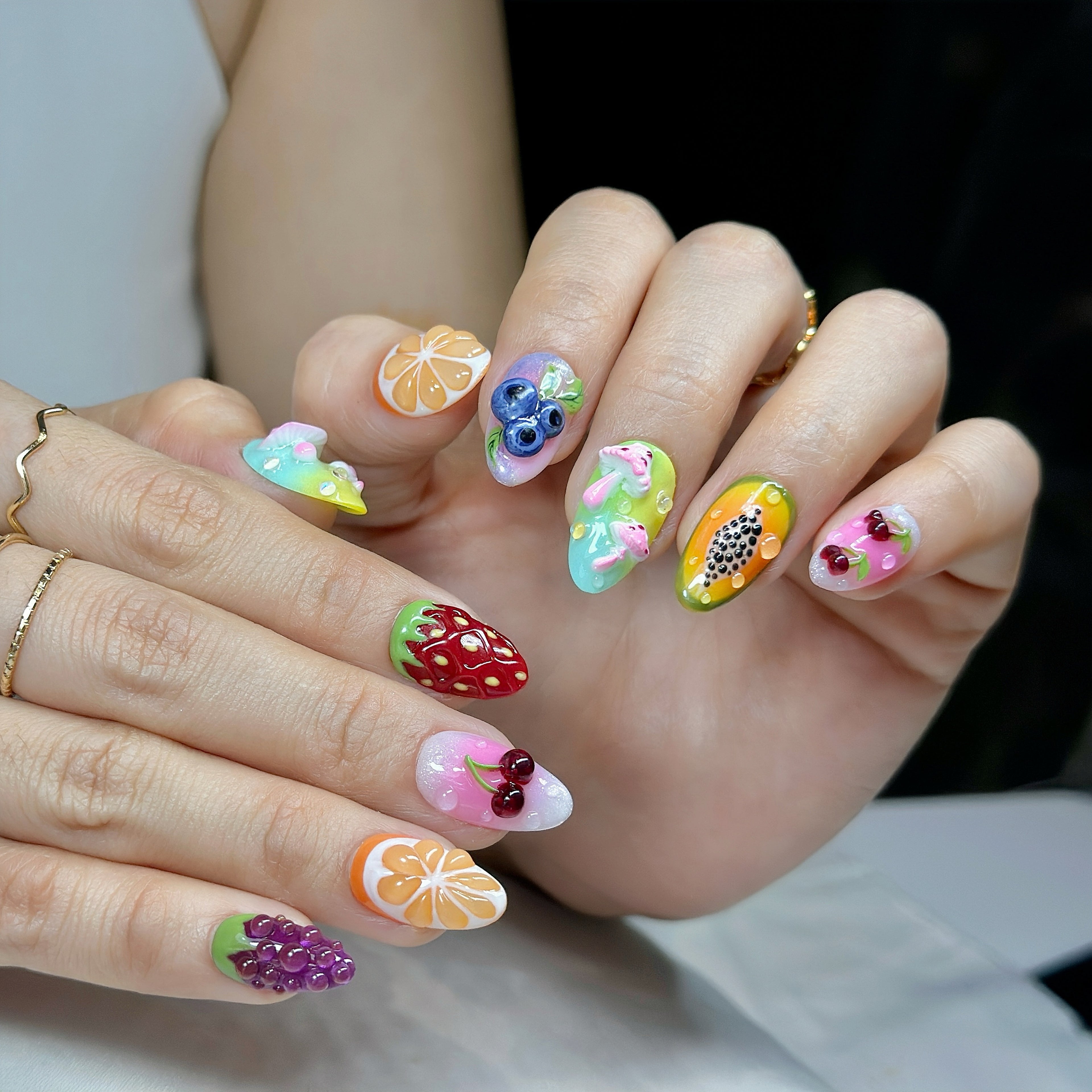 Short Almond Press-On Nails – Jelly Fruit Paradise | Handmade 3D Fruit Gel Set 🍒✨ |  Reusable 20pcs Kit