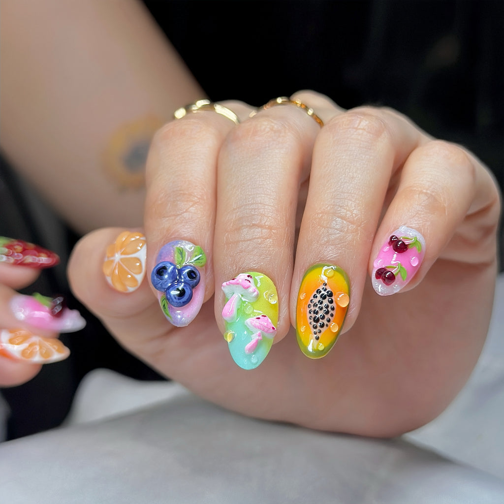 Short Almond Press-On Nails – Jelly Fruit Paradise | Handmade 3D Fruit Gel Set 🍒✨ |  Reusable 20pcs Kit