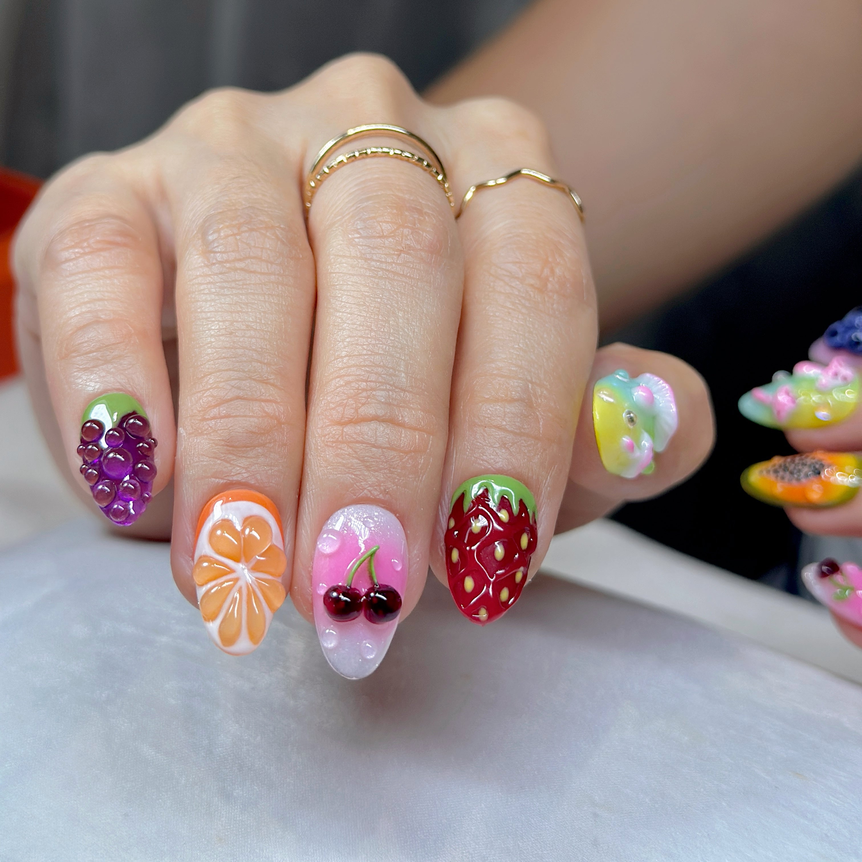 Short Almond Press-On Nails – Jelly Fruit Paradise | Handmade 3D Fruit Gel Set 🍒✨ |  Reusable 20pcs Kit
