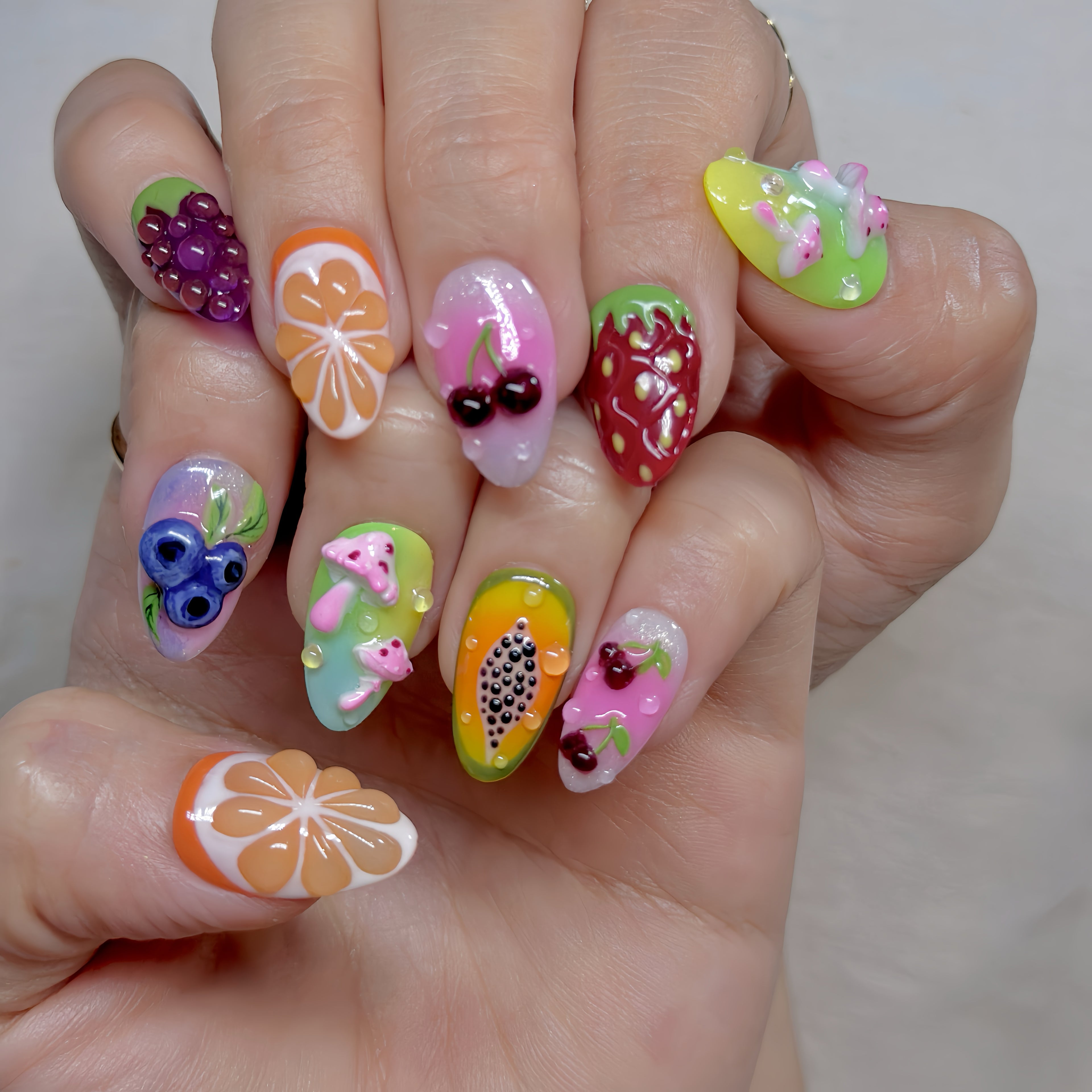 Short Almond Press-On Nails – Jelly Fruit Paradise | Handmade 3D Fruit Gel Set 🍒✨ |  Reusable 20pcs Kit