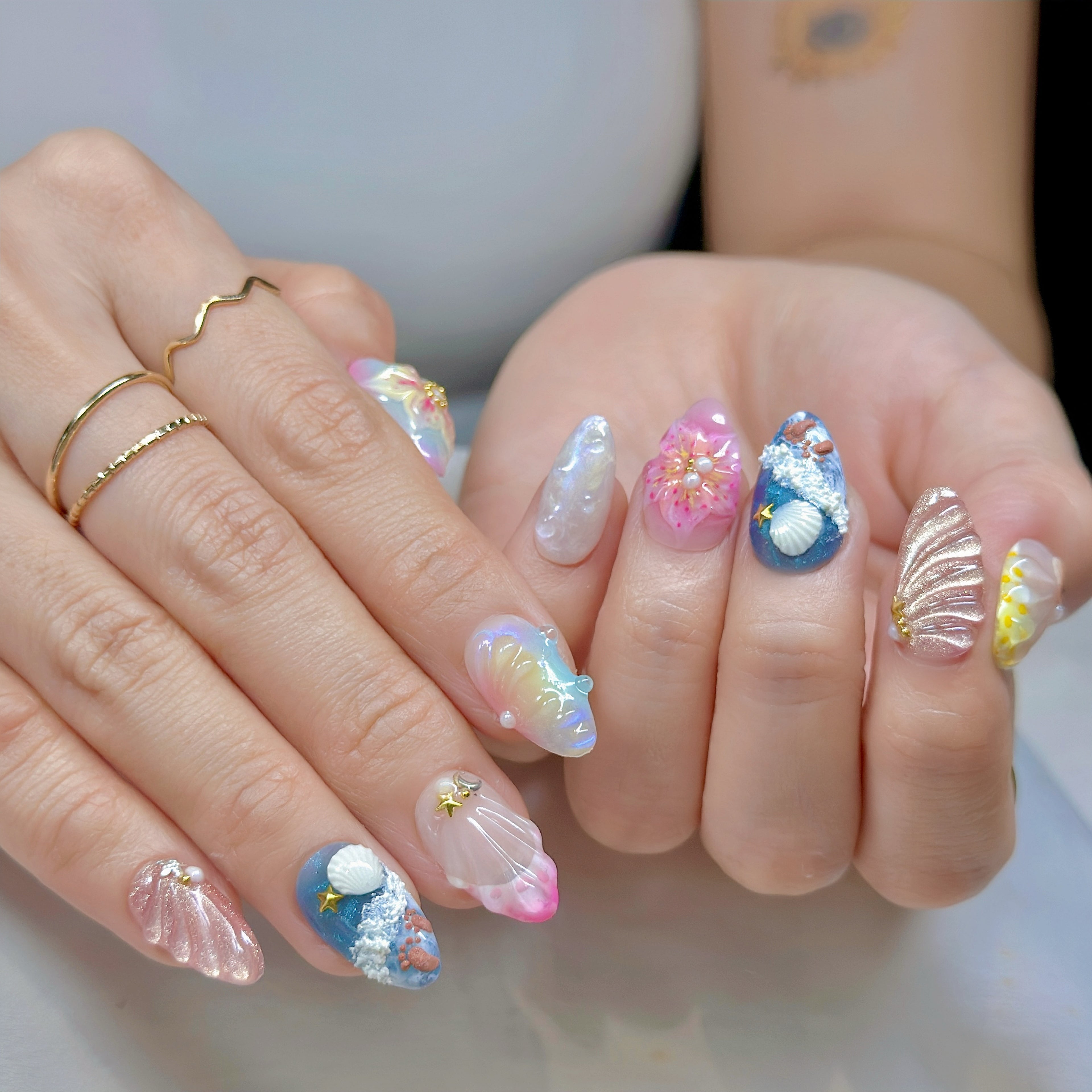 Siren Beach Energy Press-On Nails – Short Almond Summer Set, 3D Shell & Starfish Design, Ocean Wave Pastel Nails|  Reusable 20pcs Kit