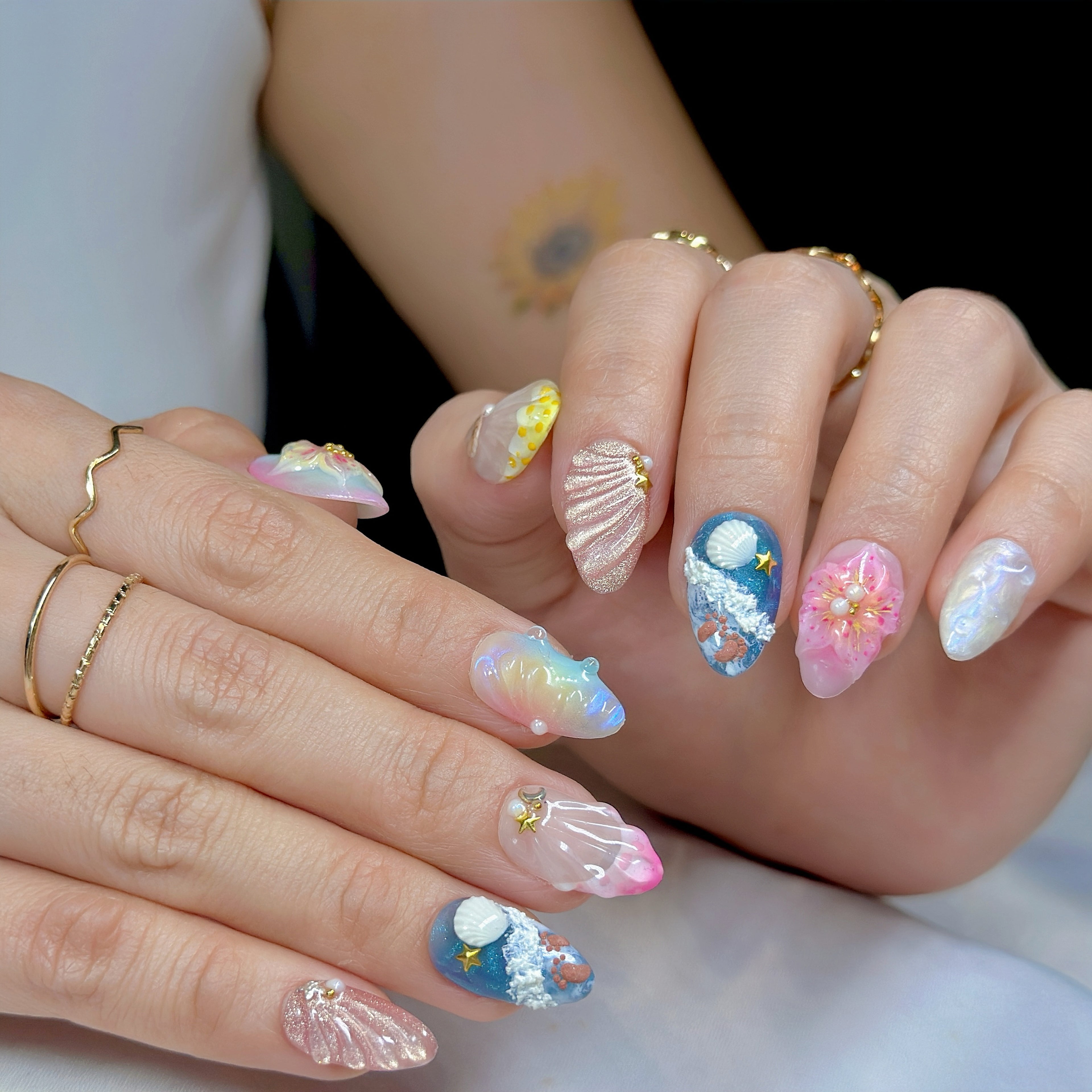 Siren Beach Energy Press-On Nails – Short Almond Summer Set, 3D Shell & Starfish Design, Ocean Wave Pastel Nails|  Reusable 20pcs Kit