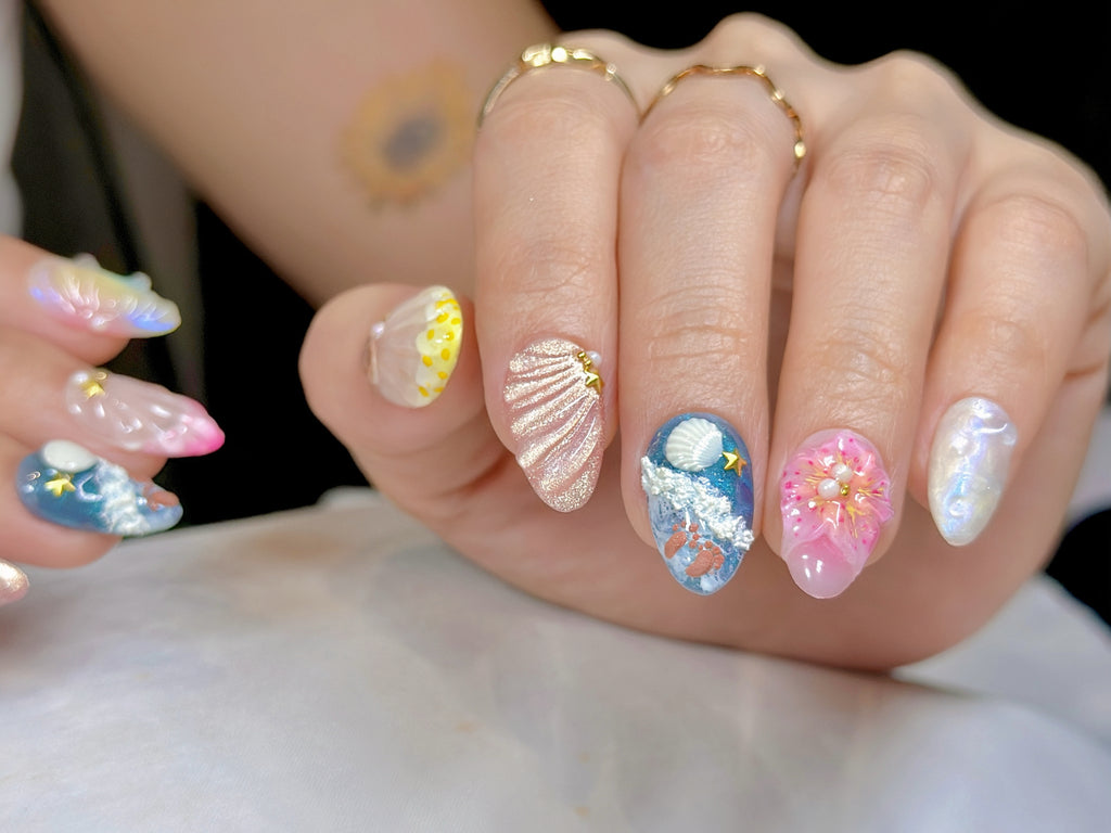 Siren Beach Energy Press-On Nails – Short Almond Summer Set, 3D Shell & Starfish Design, Ocean Wave Pastel Nails|  Reusable 20pcs Kit