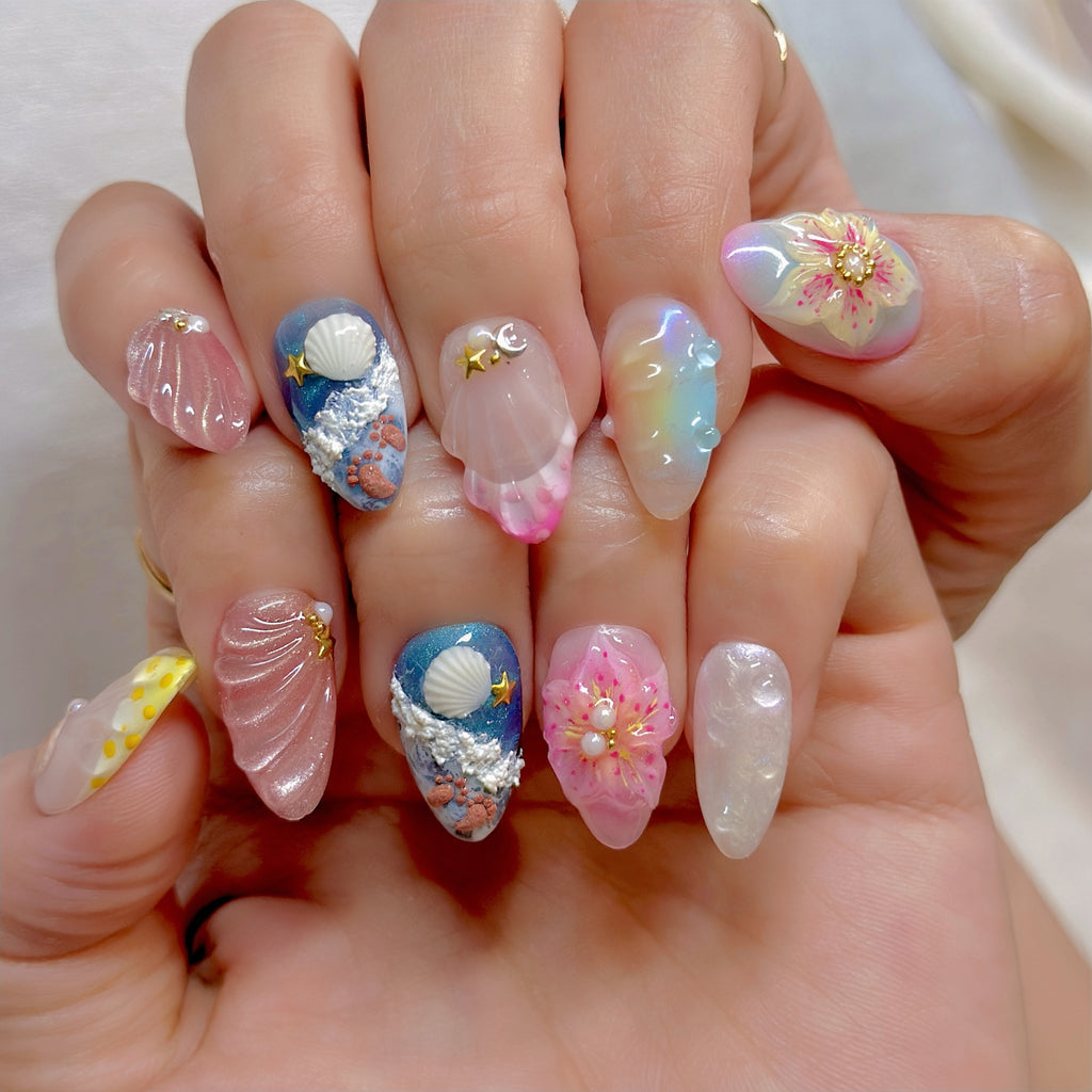 Siren Beach Energy Press-On Nails – Short Almond Summer Set, 3D Shell & Starfish Design, Ocean Wave Pastel Nails|  Reusable 20pcs Kit