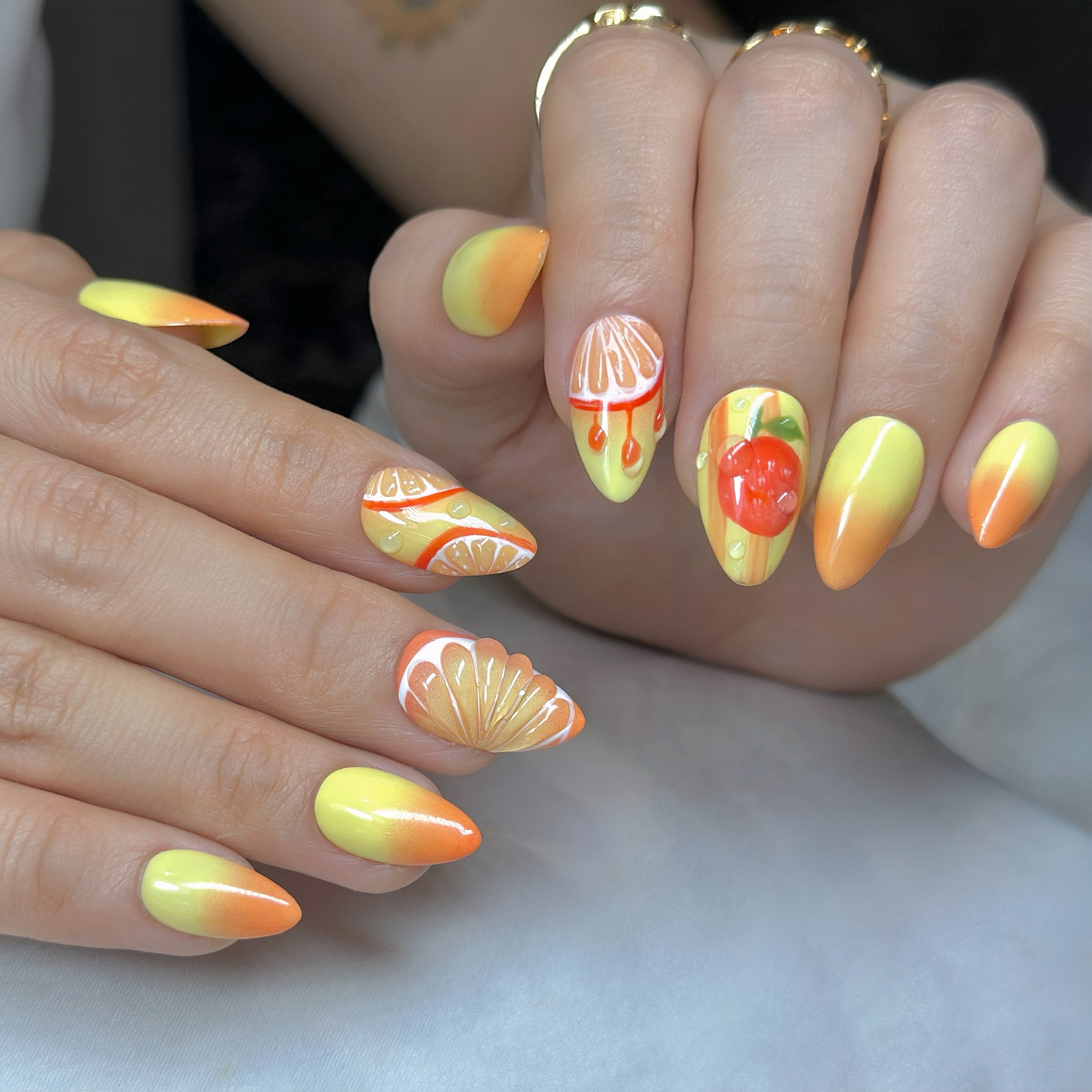 Zesty Slay 🍊 | Juicy 3D Orange & Citrus Ombré  | Short Almond –  30-Piece 15 sizes Reusable Set