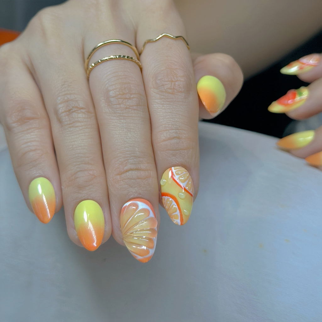 Zesty Slay 🍊 | Juicy 3D Orange & Citrus Ombré  | Short Almond –  30-Piece 15 sizes Reusable Set