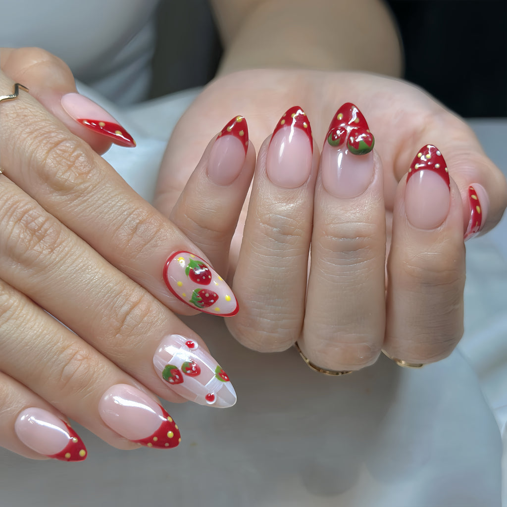 Strawberry Slay 🍓 | Sweet Gingham & 3D Fruit Frenchies| Short Almond –  30-Piece 15 sizes Reusable Set