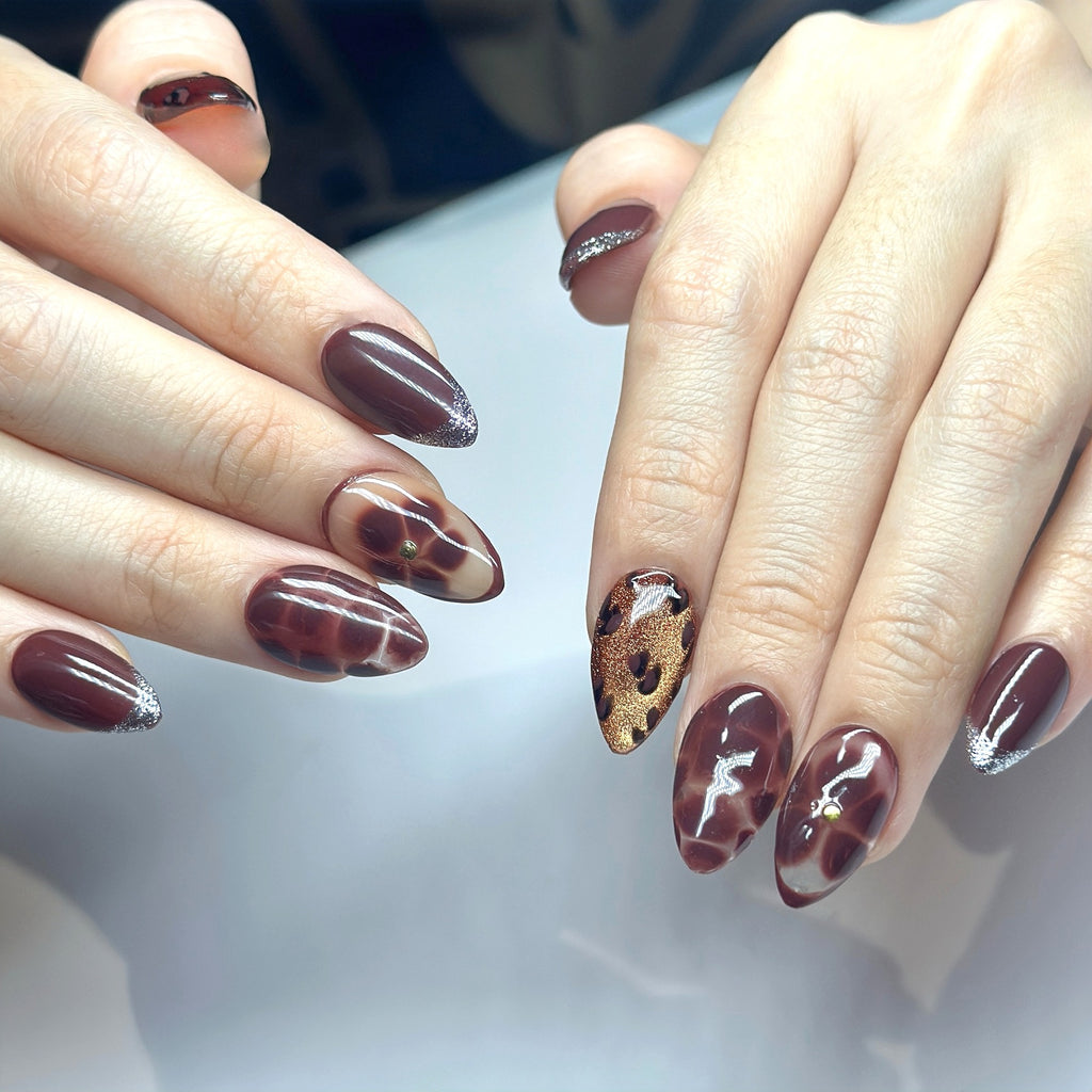 Press-On Gel Nails Brown Short Almond – Hand-Painted Silver Glitter Freach Tips, 30-Piece 15 sizes Reusable Set