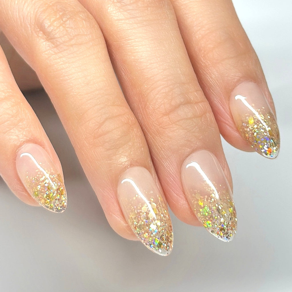 Nude Gold Ombre Press-On Nails, Short Almond – Hand-Painted Gel Reusable Set, 30 Nails, 15 Sizes, Perfect Gift