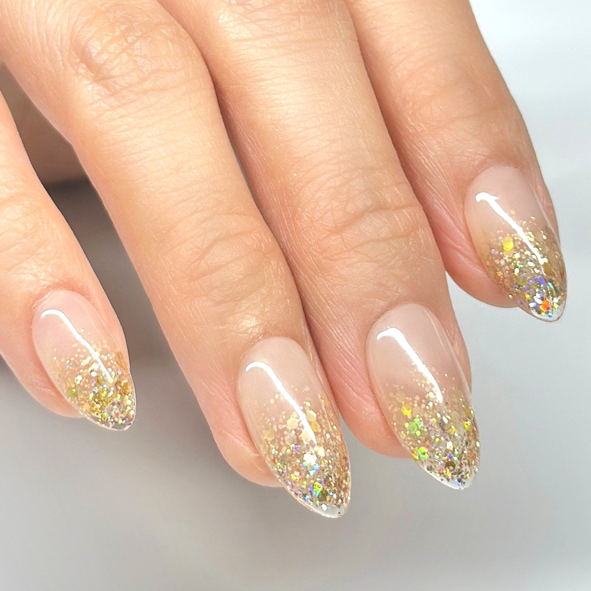 Nude Gold Ombre Press-On Nails, Short Almond – Hand-Painted Gel Reusable Set, 30 Nails, 15 Sizes, Perfect Gift