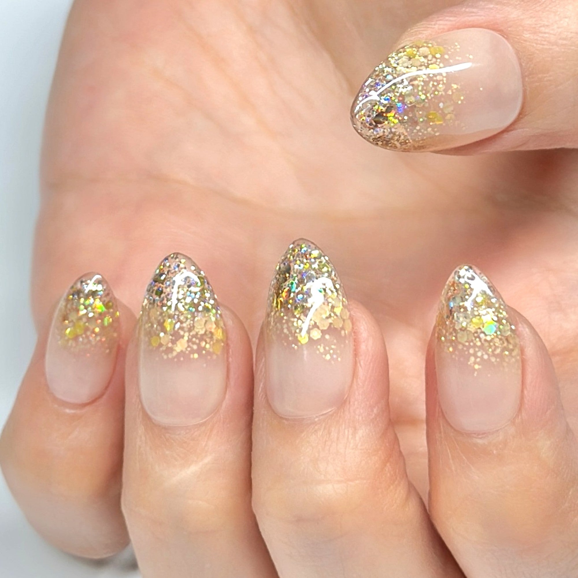 Nude Gold Ombre Press-On Nails, Short Almond – Hand-Painted Gel Reusable Set, 30 Nails, 15 Sizes, Perfect Gift