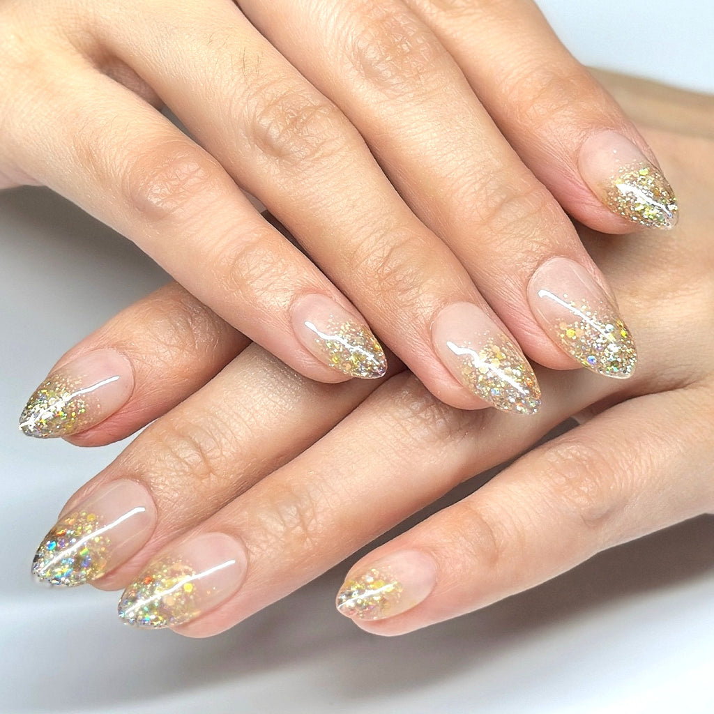 Nude Gold Ombre Press-On Nails, Short Almond – Hand-Painted Gel Reusable Set, 30 Nails, 15 Sizes, Perfect Gift