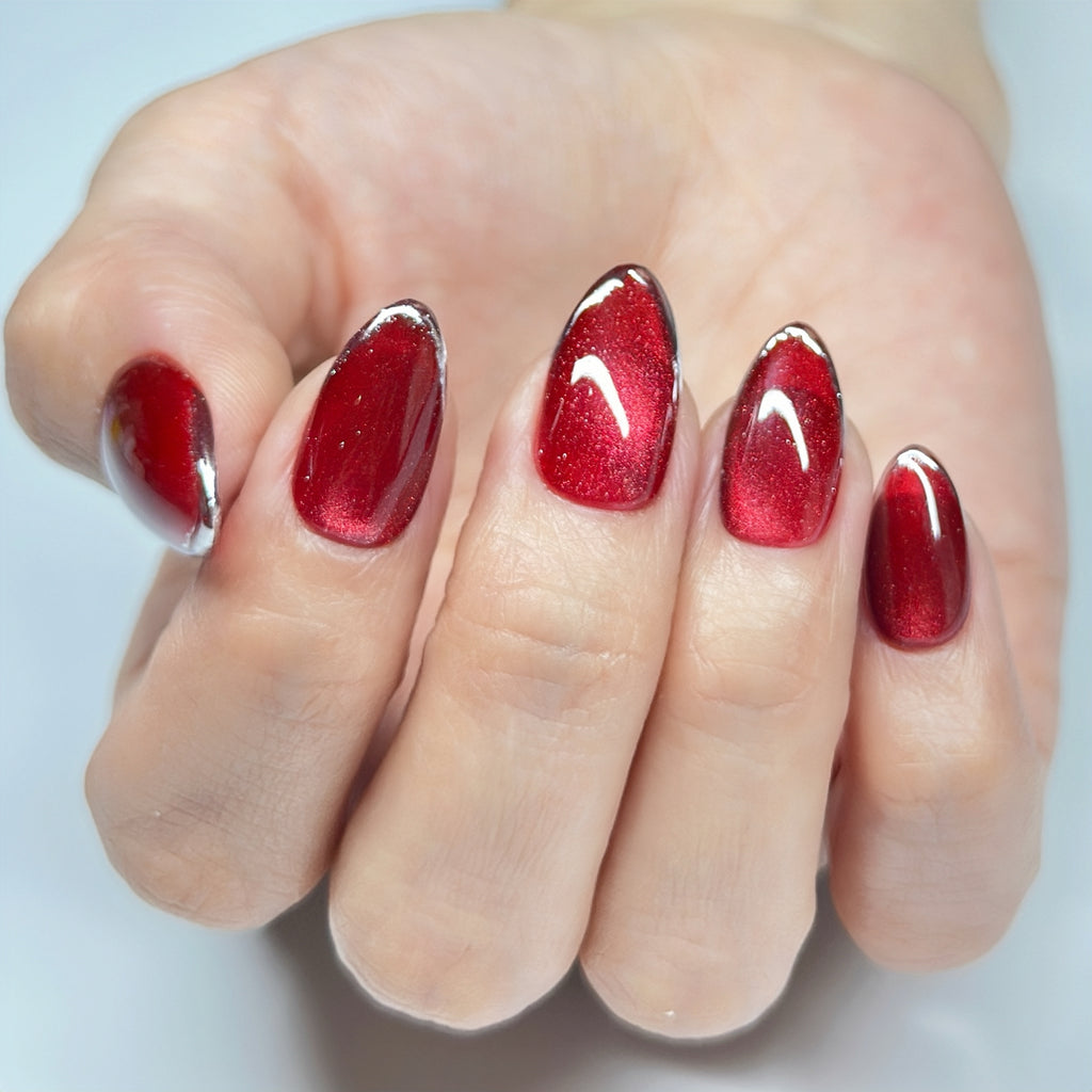 Short Almond Hand-Painted Press-On Nails | Dark Red Glitter Cat Eye with Silver French Tip | Reusable 30pcs Kit, 15 Sizes