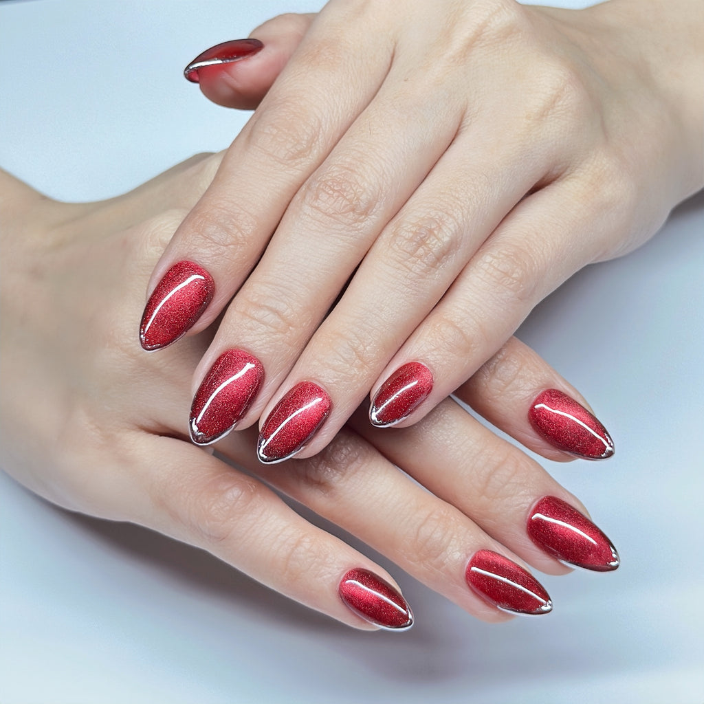 Short Almond Hand-Painted Press-On Nails | Dark Red Glitter Cat Eye with Silver French Tip | Reusable 30pcs Kit, 15 Sizes
