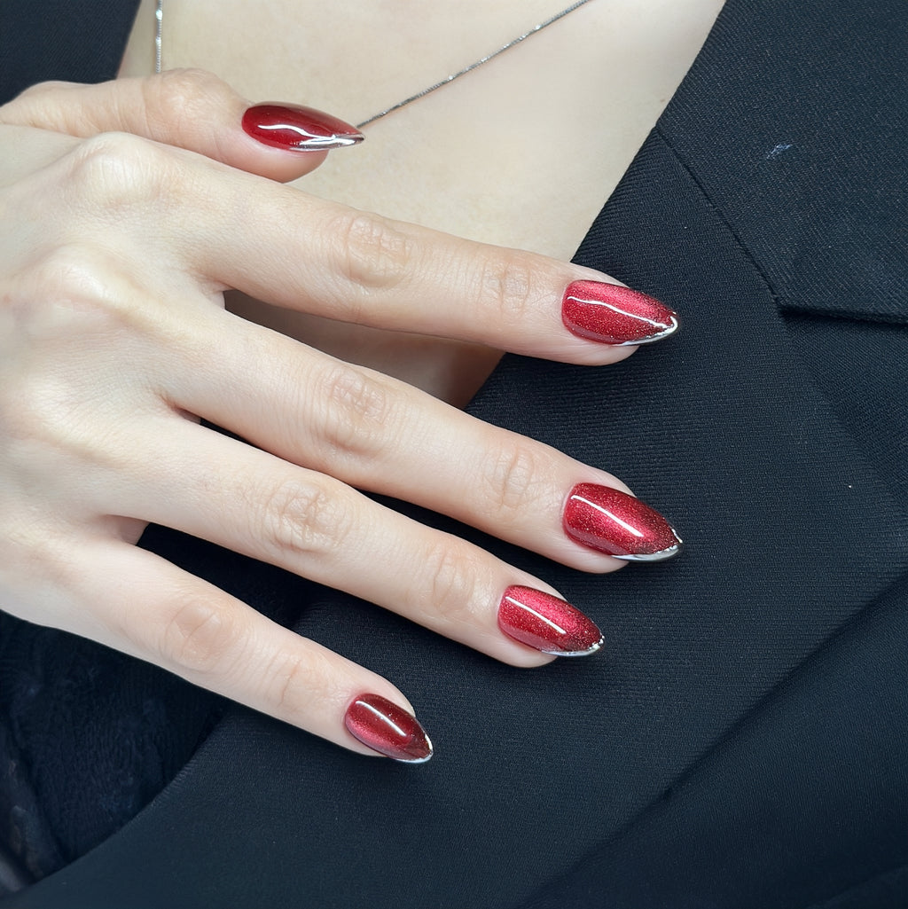 Short Almond Hand-Painted Press-On Nails | Dark Red Glitter Cat Eye with Silver French Tip | Reusable 30pcs Kit, 15 Sizes