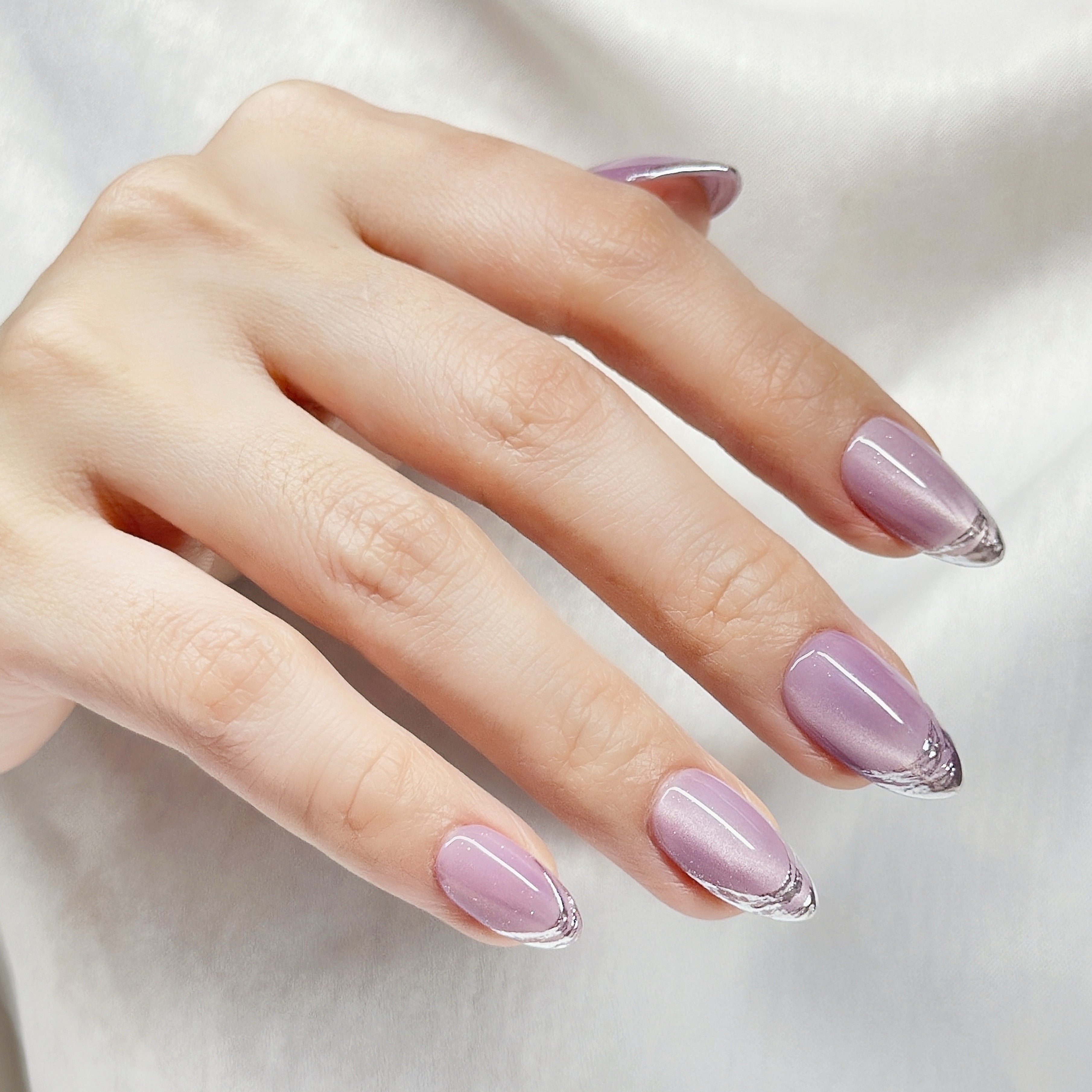 Purple Cat Eye Press On Nails Short Almond – Hand-Painted Gel Reusable Set (30 Nails, 15 Sizes)