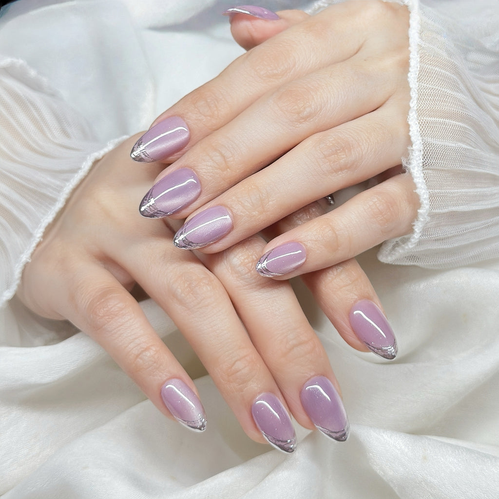 Purple Cat Eye Press On Nails Short Almond – Hand-Painted Gel Reusable Set (30 Nails, 15 Sizes)
