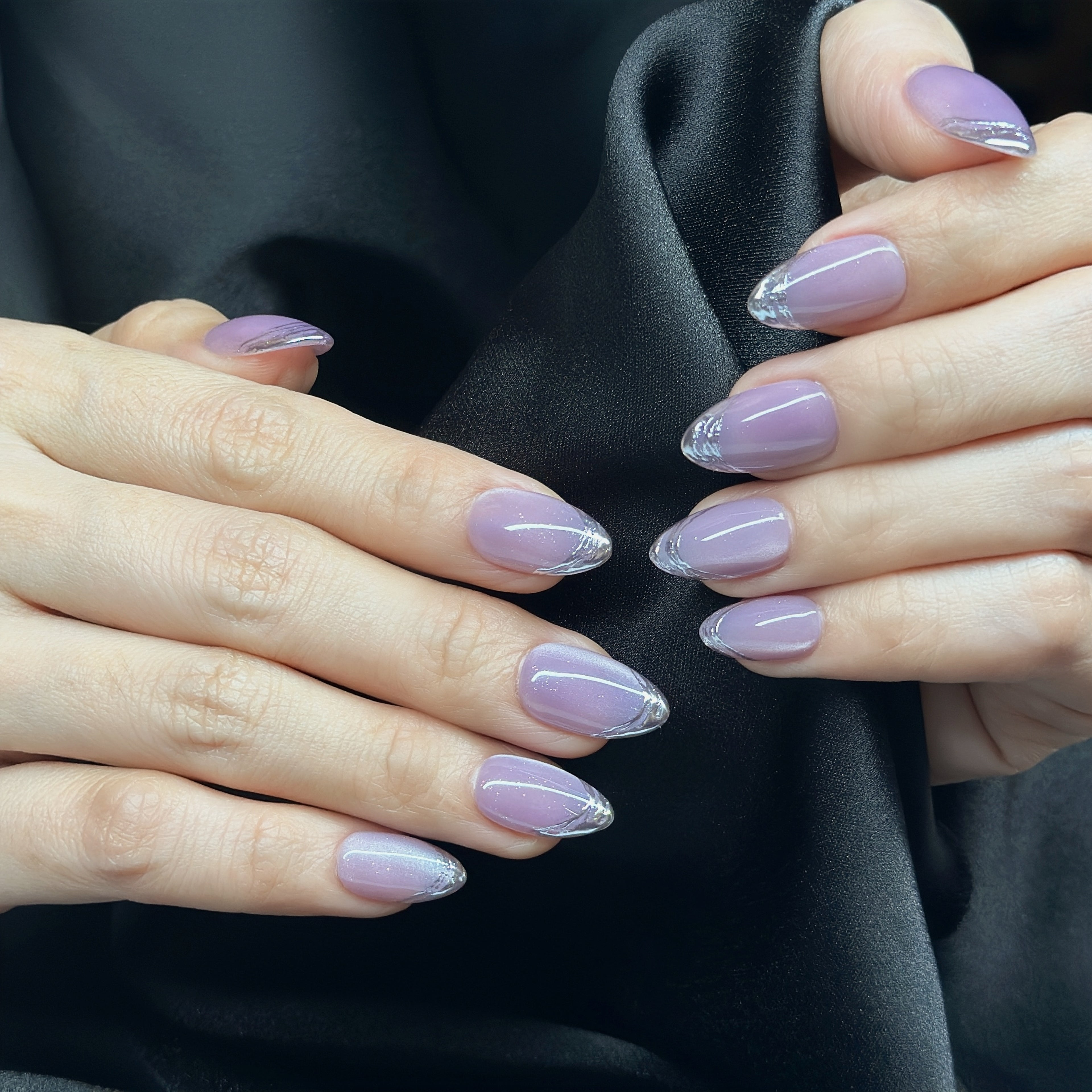 Purple Cat Eye Press On Nails Short Almond – Hand-Painted Gel Reusable Set (30 Nails, 15 Sizes)