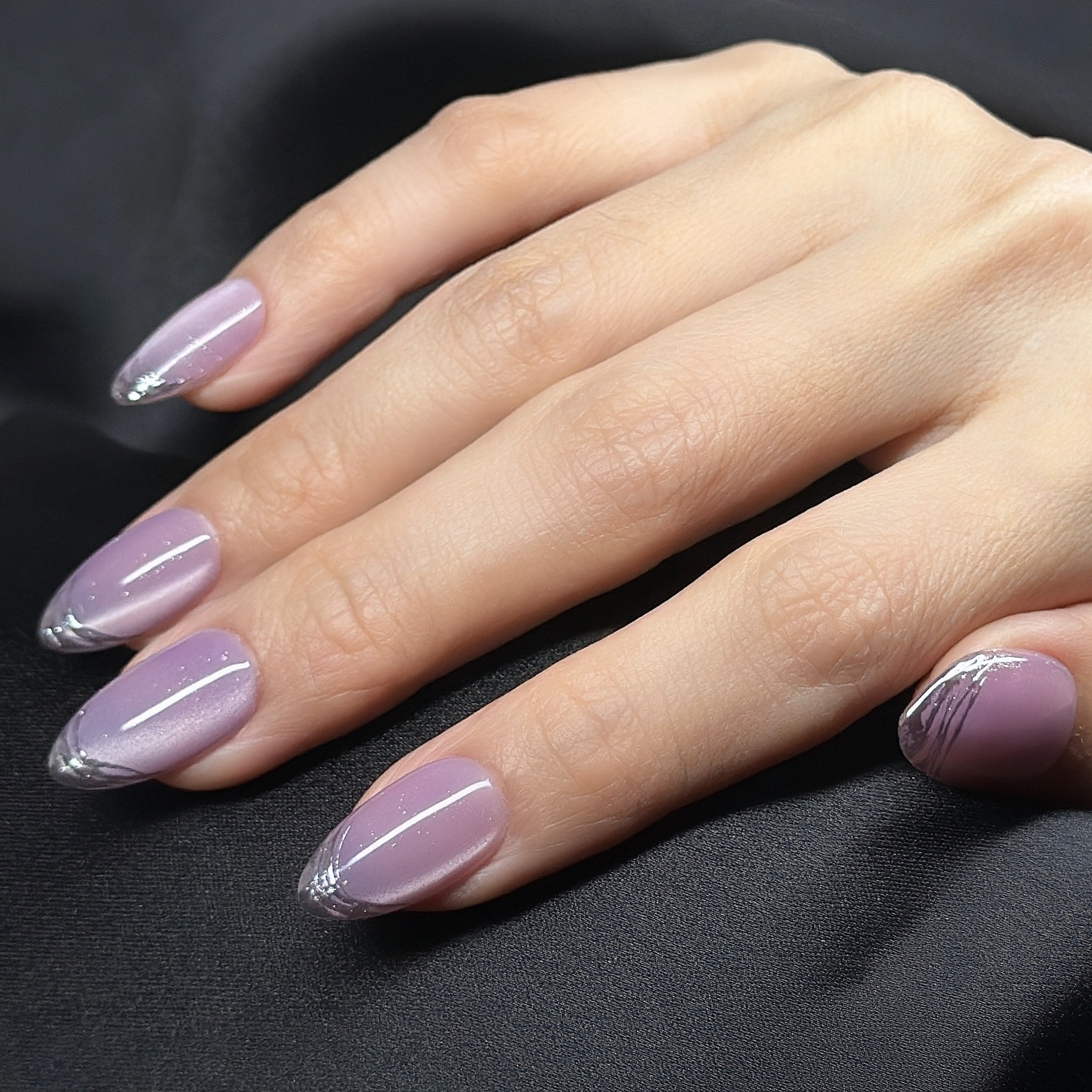 Purple Cat Eye Press On Nails Short Almond – Hand-Painted Gel Reusable Set (30 Nails, 15 Sizes)
