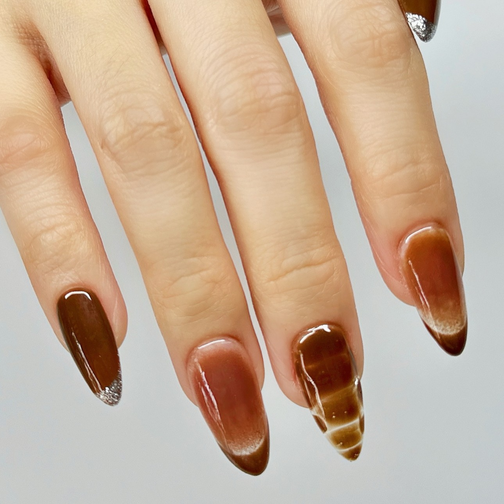 Press-On Gel Nails Brown Medium Almond – Hand-Painted Silver Glitter Tips, 30-Piece Reusable Set
