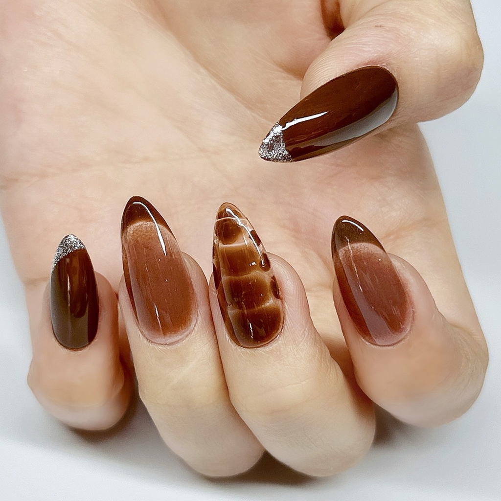 Press-On Gel Nails Brown Medium Almond – Hand-Painted Silver Glitter Tips, 30-Piece Reusable Set