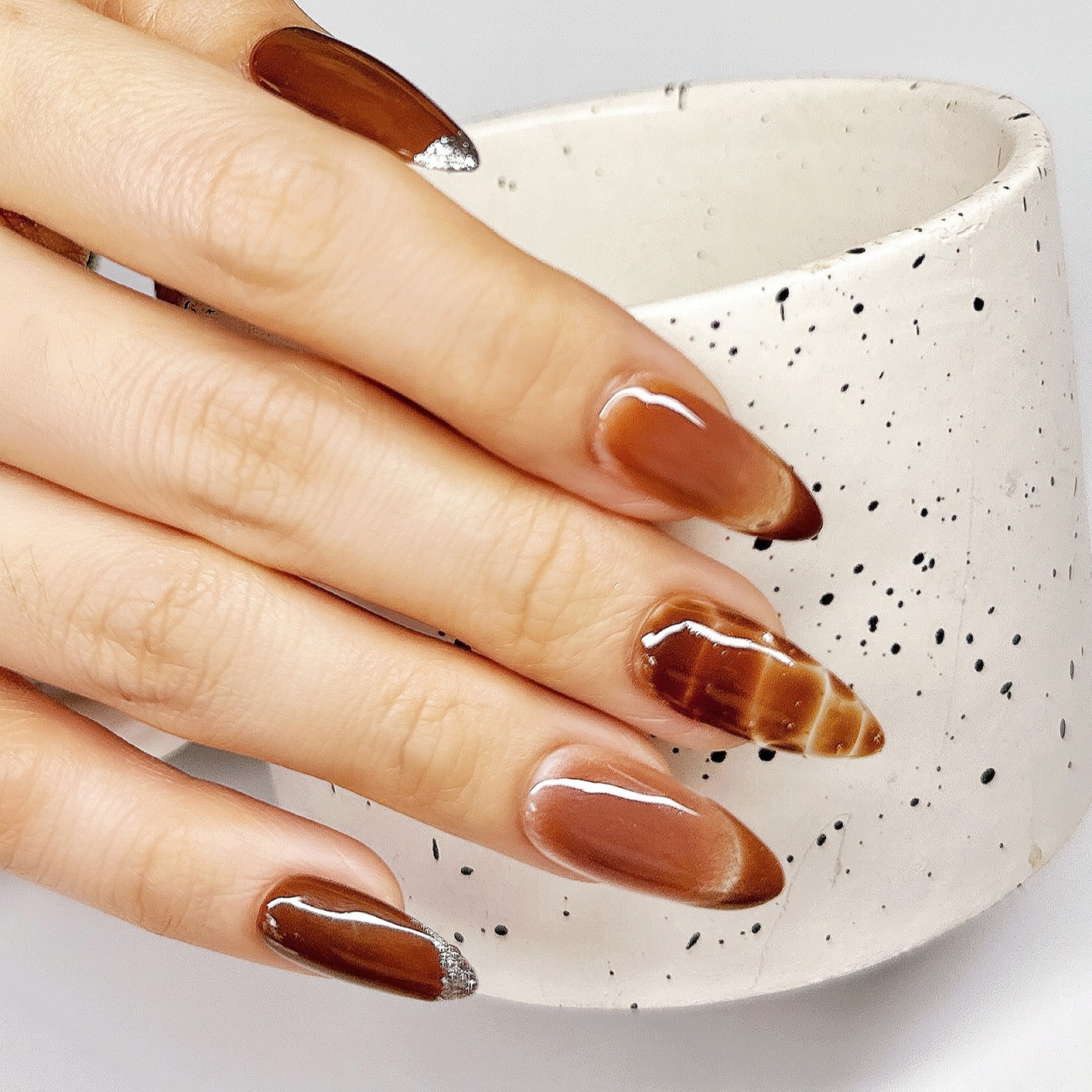 Press-On Gel Nails Brown Medium Almond – Hand-Painted Silver Glitter Tips, 30-Piece Reusable Set