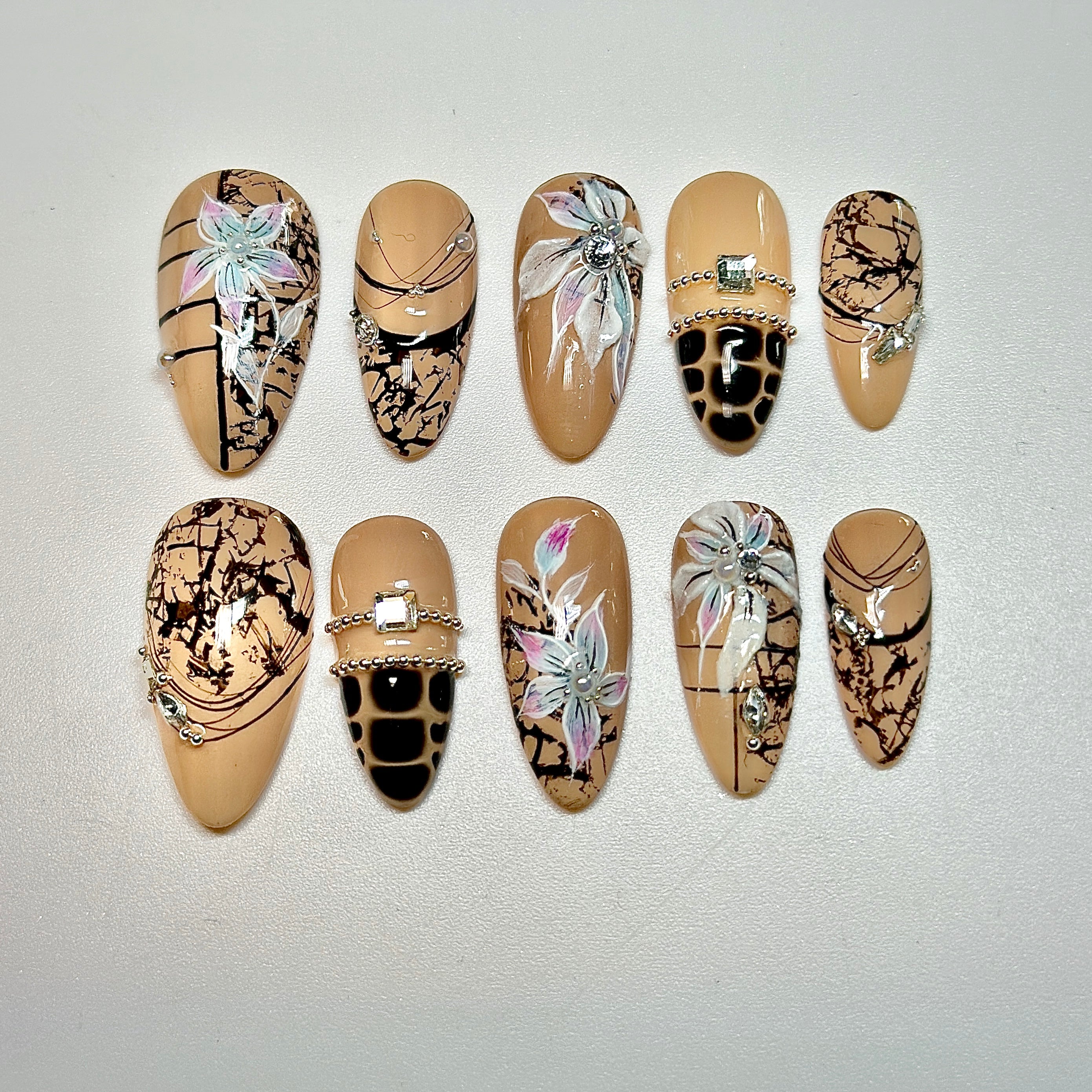 Press On Nails – Medium Almond Black Lace Floral Nail Art, Handmade Luxury Gothic Nails, Reusable Statement Nail Set | Reusable 20pcs Kit