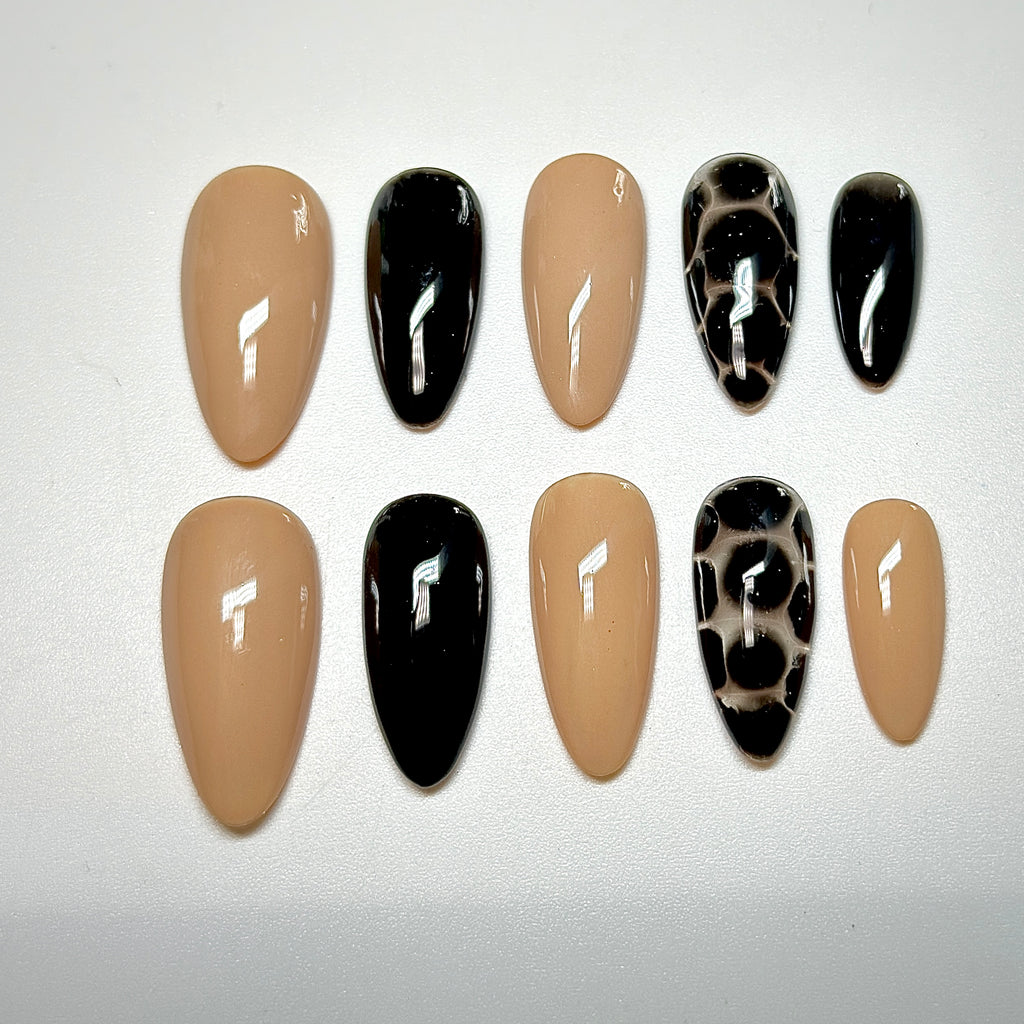 Press On Nails – Medium Almond Black Lace Floral Nail Art, Handmade Luxury Gothic Nails, Reusable Statement Nail Set | Reusable 20pcs Kit