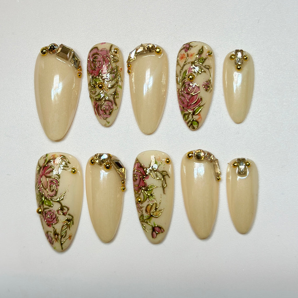 Champagne Gold Press On Nails | Medium Almond Floral 3D Nail Art, Elegant Handmade Reusable Nails | Reusable 20pcs Kit