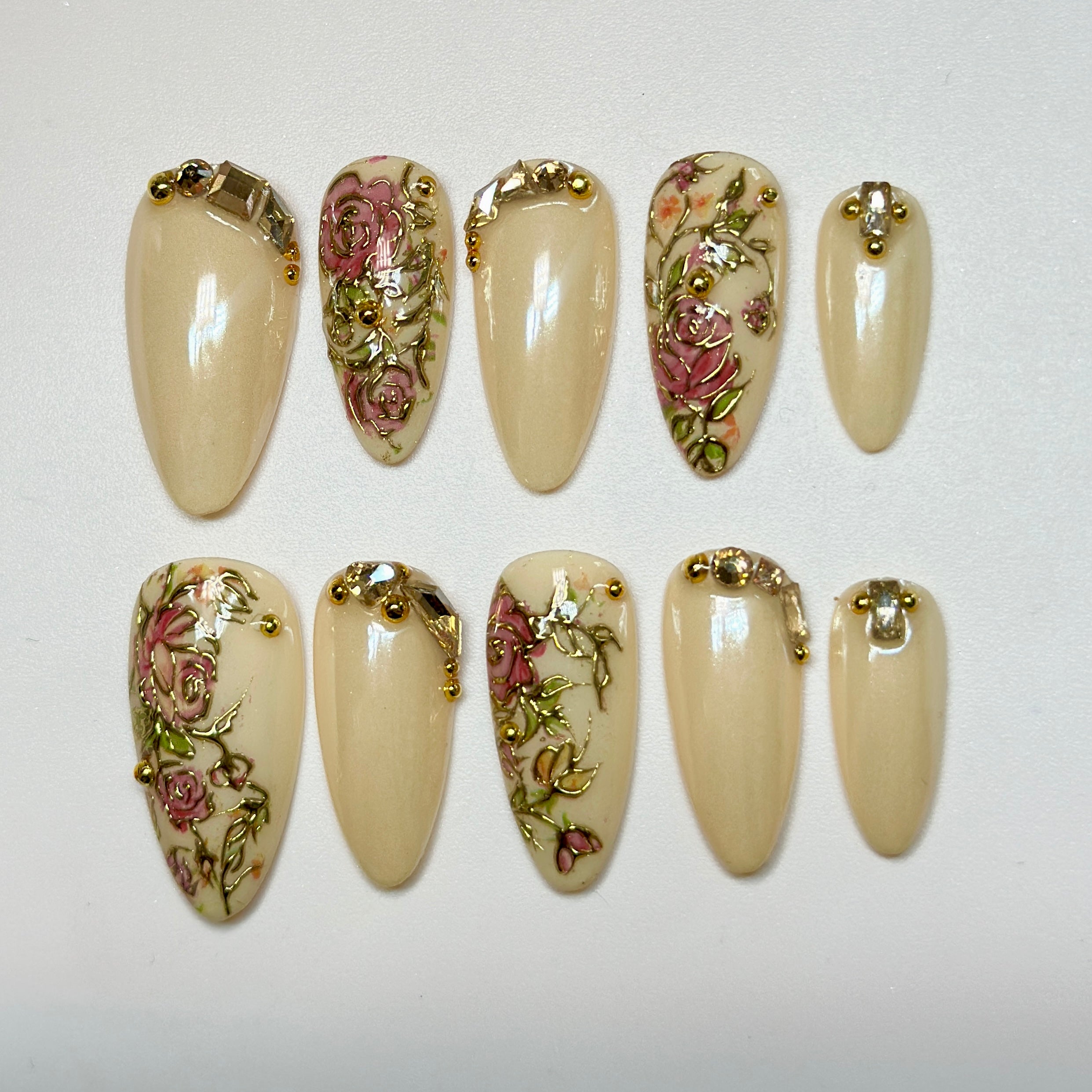 Champagne Gold Press On Nails | Medium Almond Floral 3D Nail Art, Elegant Handmade Reusable Nails | Reusable 20pcs Kit