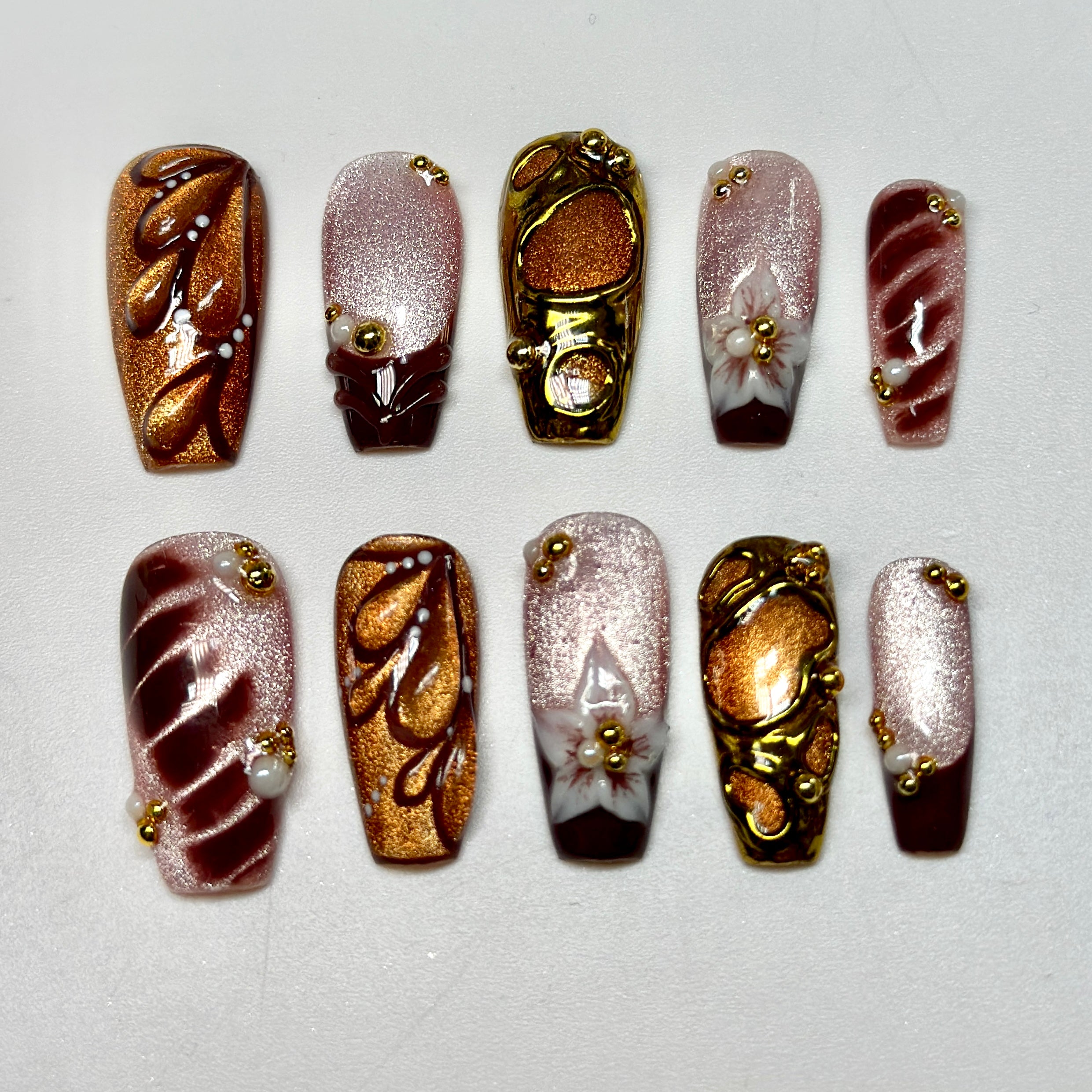 Medium Coffin Press On Nails – Burgundy Gold Floral 3D Nail Art, Luxury Handmade Nails | Chrome | Flower & Glam nails | Reusable 20pcs Kit
