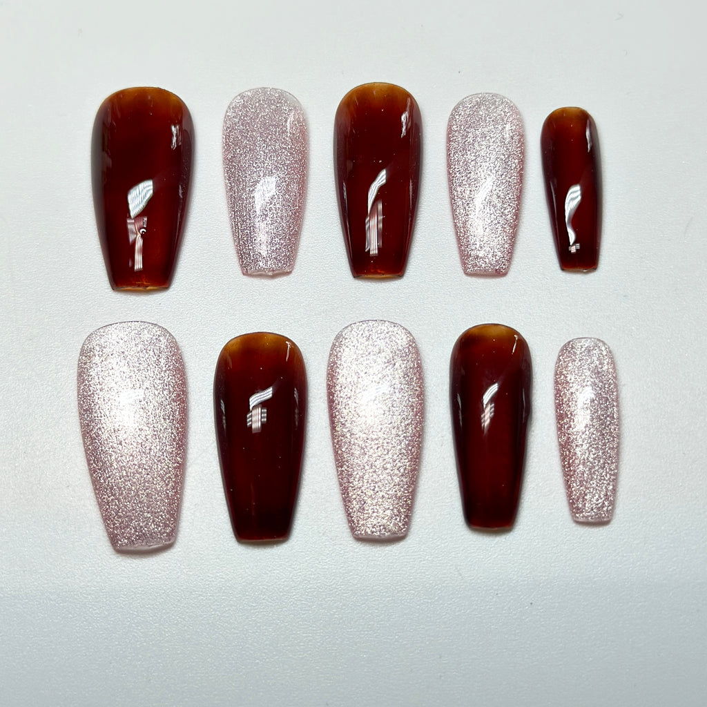 Medium Coffin Press On Nails – Burgundy Gold Floral 3D Nail Art, Luxury Handmade Nails | Chrome | Flower & Glam nails | Reusable 20pcs Kit