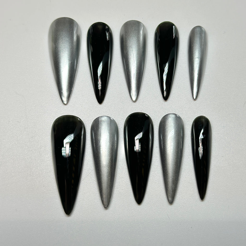 Long Stiletto Press On Nails | Dark Chrome 3D Sculpted Nail Art | Luxury Handmade Reusable Nails |Statement Gothic Nails |Reusable 20pcs Kit