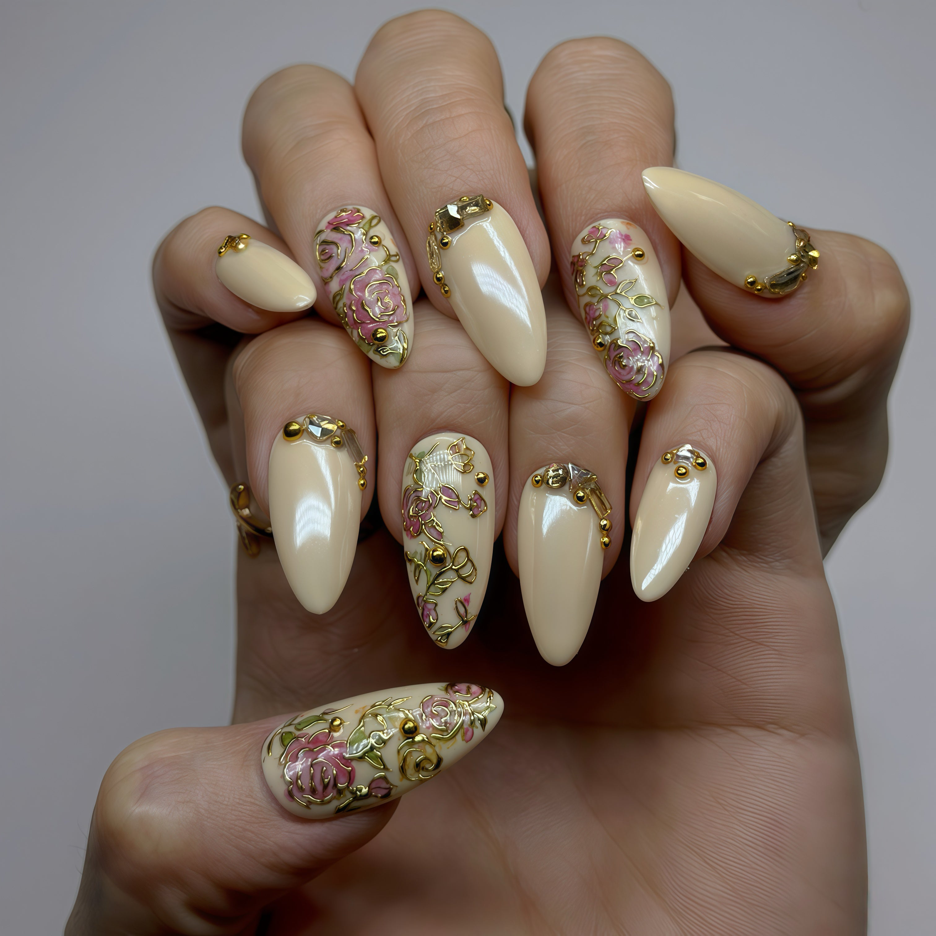 Champagne Gold Press On Nails | Medium Almond Floral 3D Nail Art, Elegant Handmade Reusable Nails | Reusable 20pcs Kit