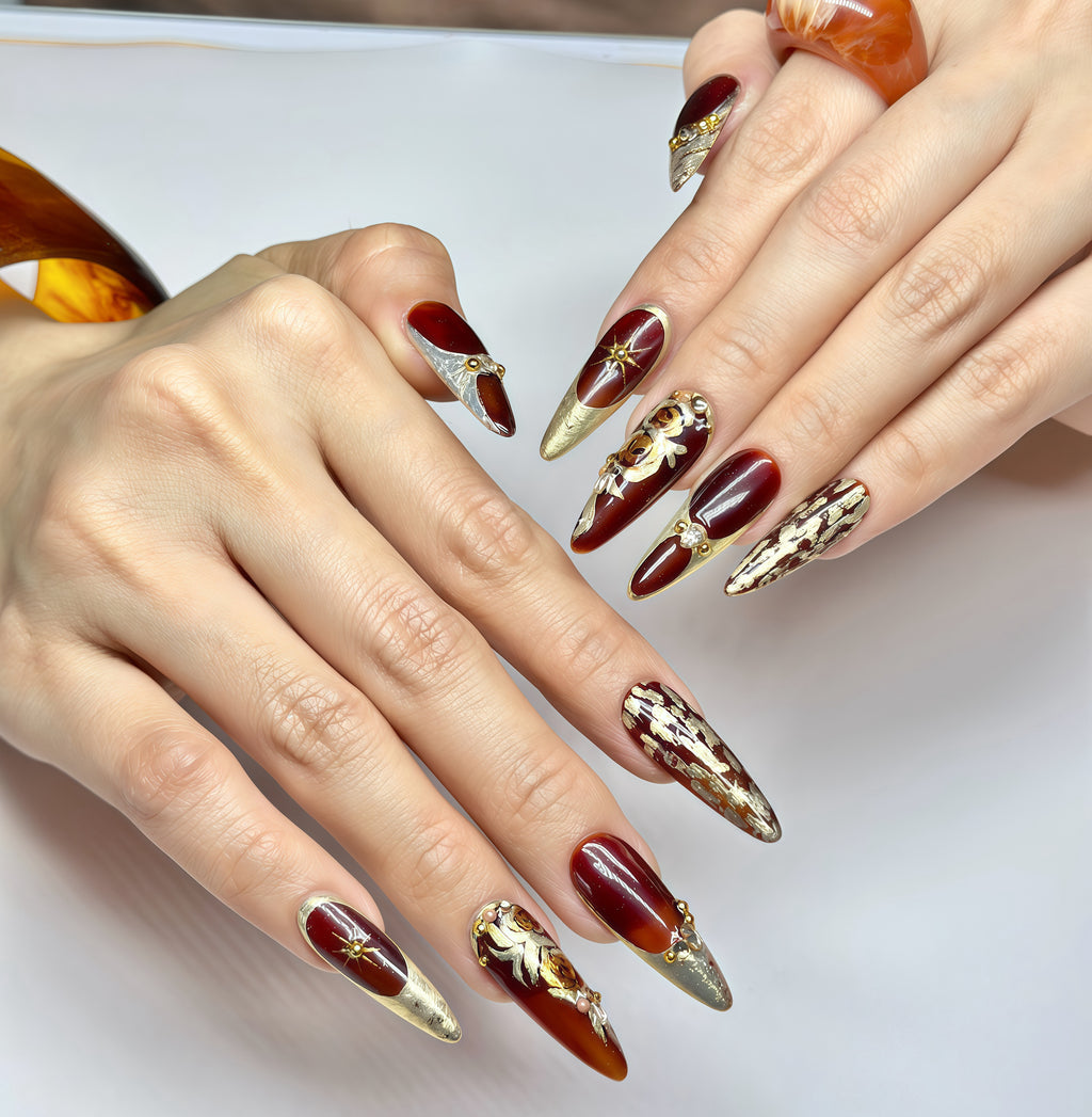 Long Stiletto Press On Nails – Burgundy Gold Luxury Nail Art, Handmade 3D Crystal Royal Nails, Reusable Statement Nails | Reusable 20pcs Kit