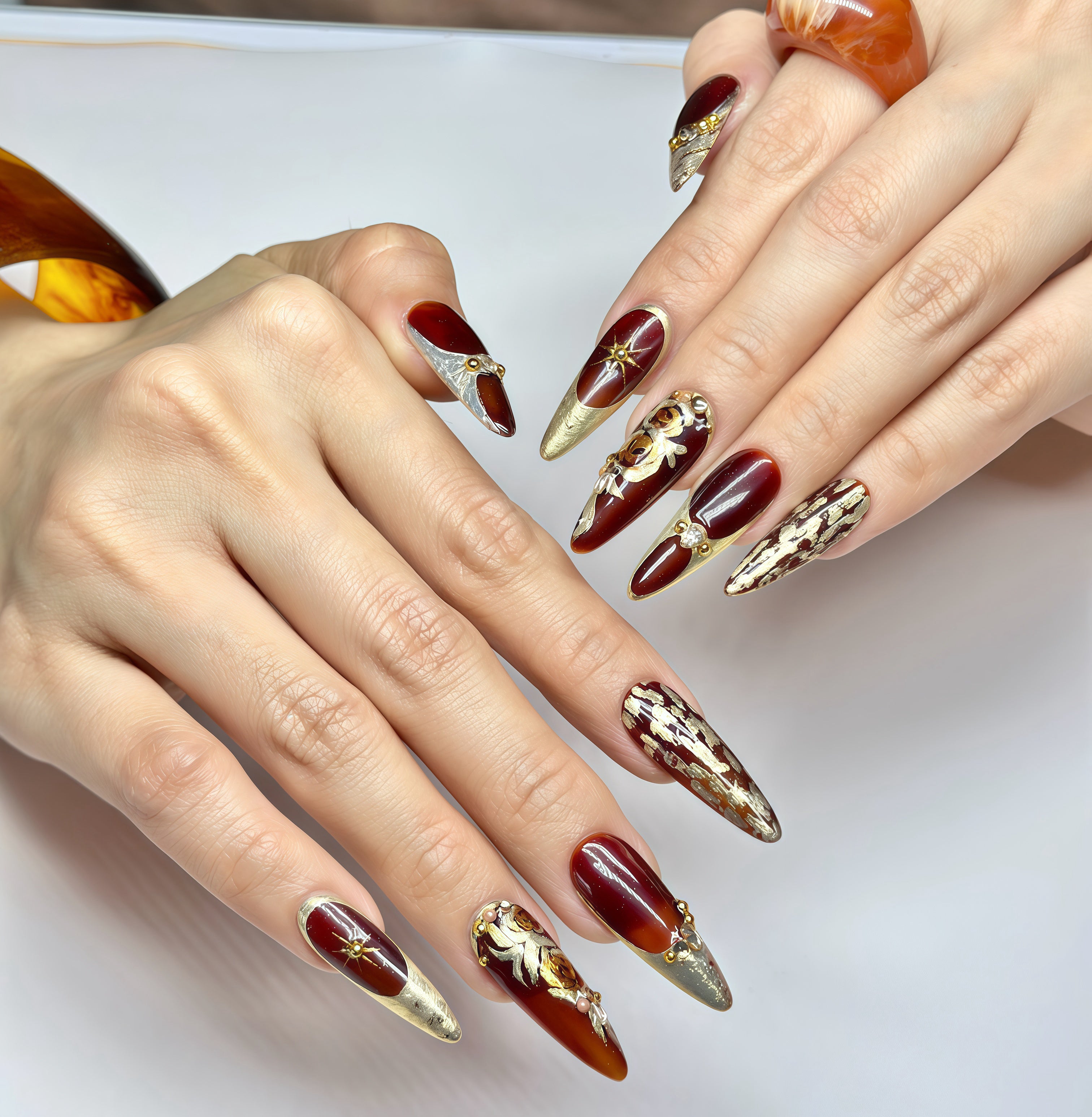 Long Stiletto Press On Nails – Burgundy Gold Luxury Nail Art, Handmade 3D Crystal Royal Nails, Reusable Statement Nails | Reusable 20pcs Kit