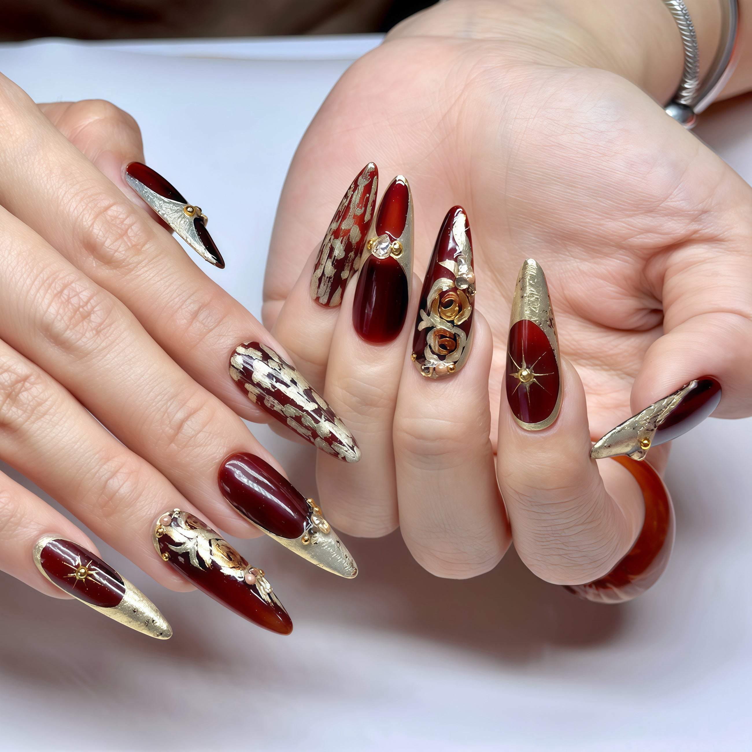 Long Stiletto Press On Nails – Burgundy Gold Luxury Nail Art, Handmade 3D Crystal Royal Nails, Reusable Statement Nails | Reusable 20pcs Kit