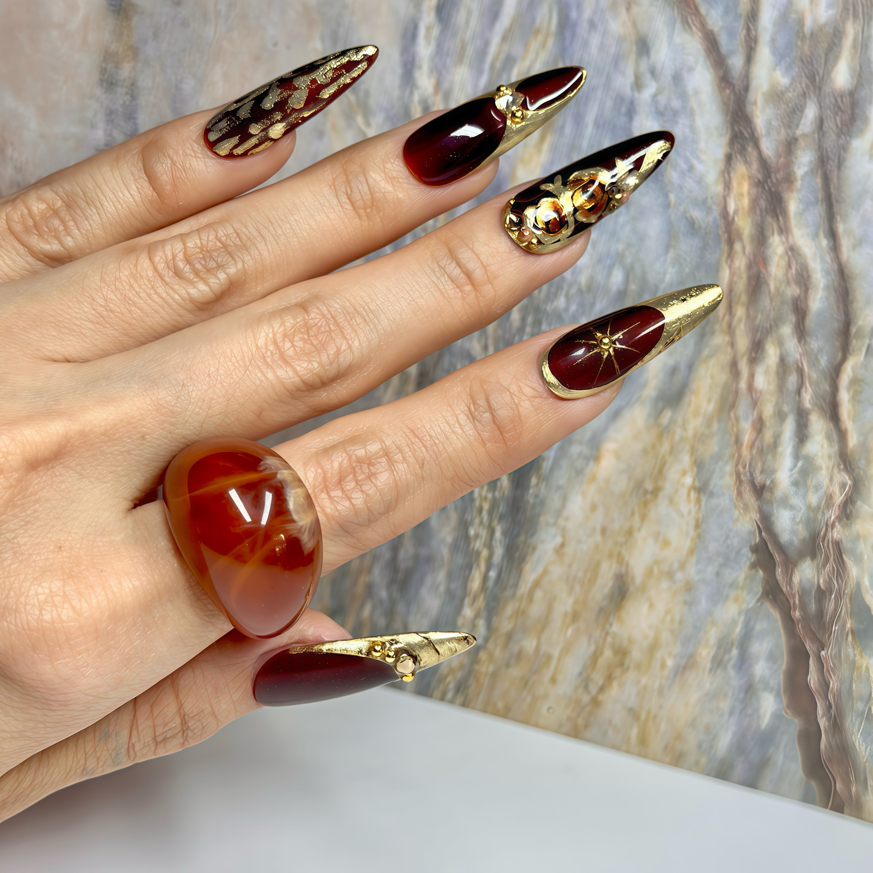 Long Stiletto Press On Nails – Burgundy Gold Luxury Nail Art, Handmade 3D Crystal Royal Nails, Reusable Statement Nails | Reusable 20pcs Kit