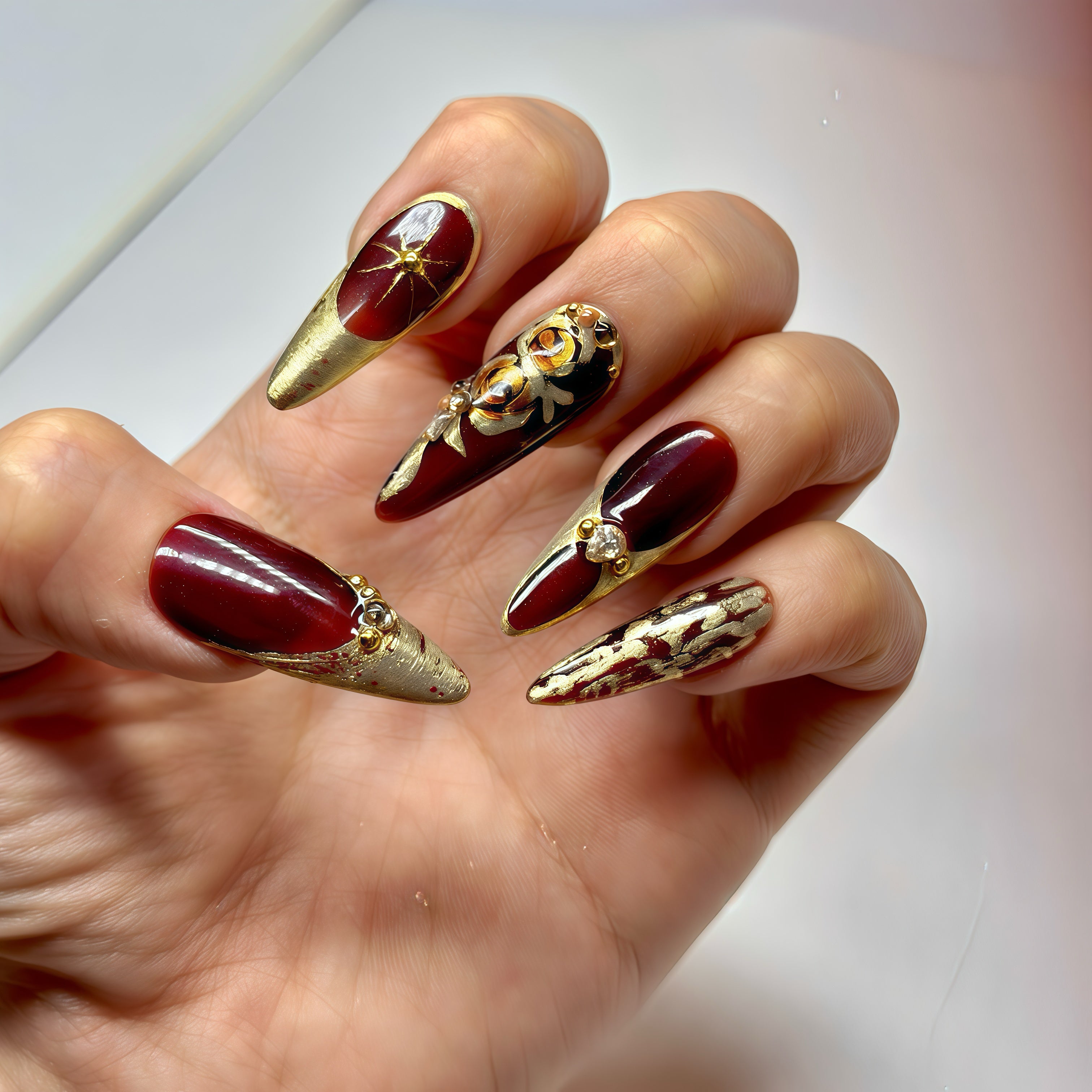 Long Stiletto Press On Nails – Burgundy Gold Luxury Nail Art, Handmade 3D Crystal Royal Nails, Reusable Statement Nails | Reusable 20pcs Kit
