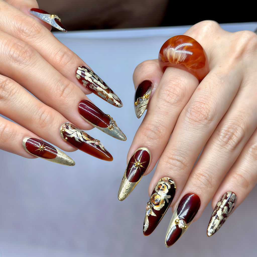 Long Stiletto Press On Nails – Burgundy Gold Luxury Nail Art, Handmade 3D Crystal Royal Nails, Reusable Statement Nails | Reusable 20pcs Kit