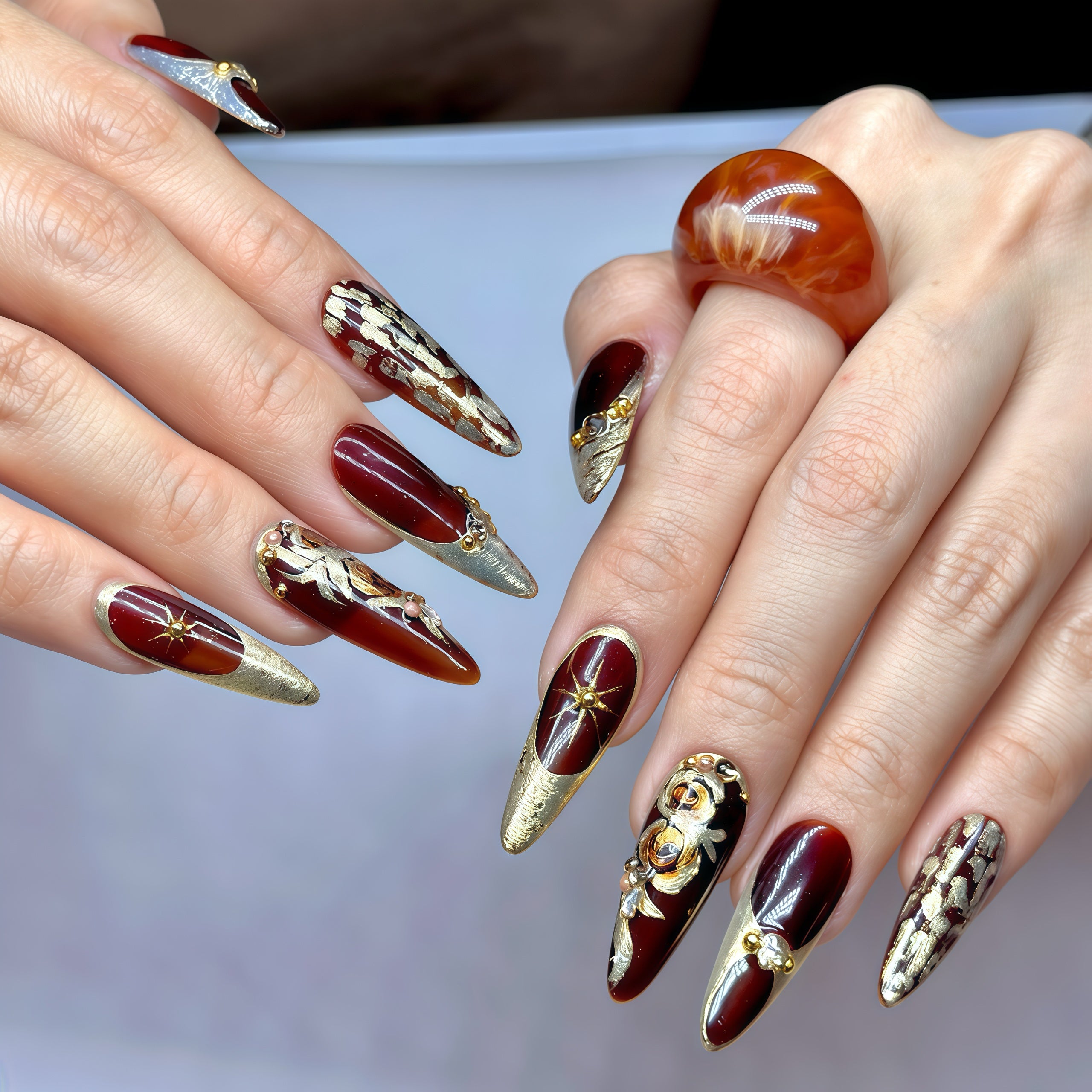 Long Stiletto Press On Nails – Burgundy Gold Luxury Nail Art, Handmade 3D Crystal Royal Nails, Reusable Statement Nails | Reusable 20pcs Kit
