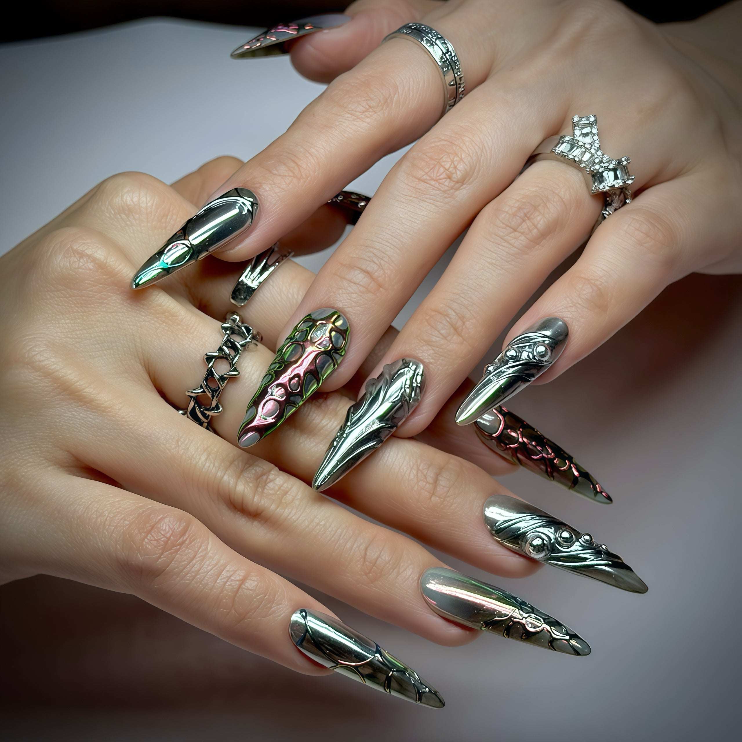 Long Stiletto Press On Nails | Dark Chrome 3D Sculpted Nail Art | Luxury Handmade Reusable Nails |Statement Gothic Nails |Reusable 20pcs Kit